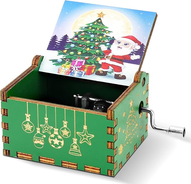 Achort Christmas Wooden Music Box Gift Xmas Decoration Hand Crank Musical Box Antique Carved Vintage Creative Music Box with Merry Christmas Melody Xmas Present for Kids Boys Girls Friends