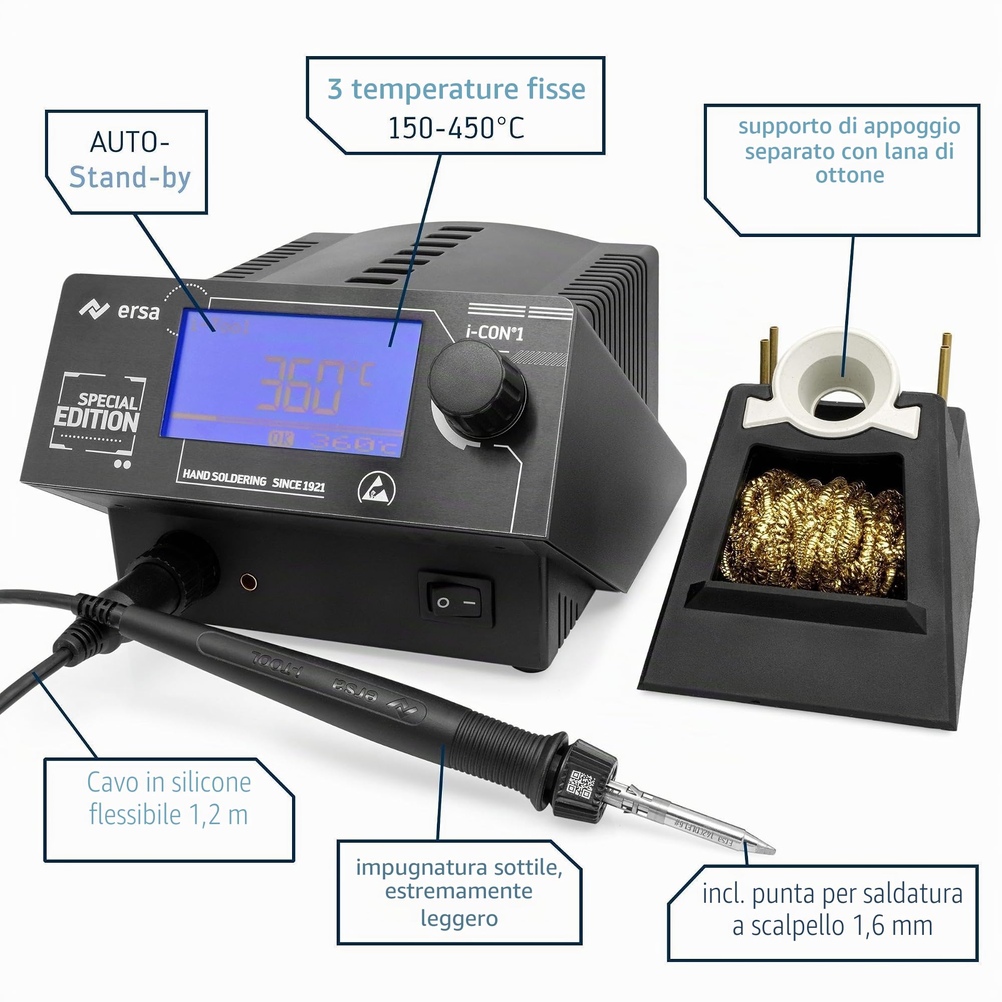ERSA i-CON1 MK2 - Stazione di saldatura digitale industriale a 1 canale 50-450 °C con 150 W i-TOOL MK2 Tip'n'Turn - cambio di punta antistatico - Kit professionale con 6 accessori