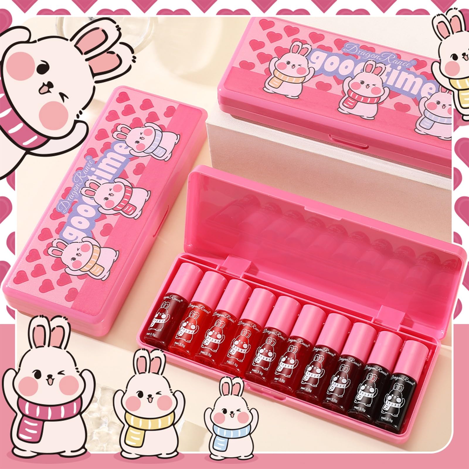 Juego de 10 tintes de labios bonitos y brillantes y pintalabios mate con mini lápiz labial de larga duración y secado rápido para regalo de maquillaje (conejo, brillo de labios) 2