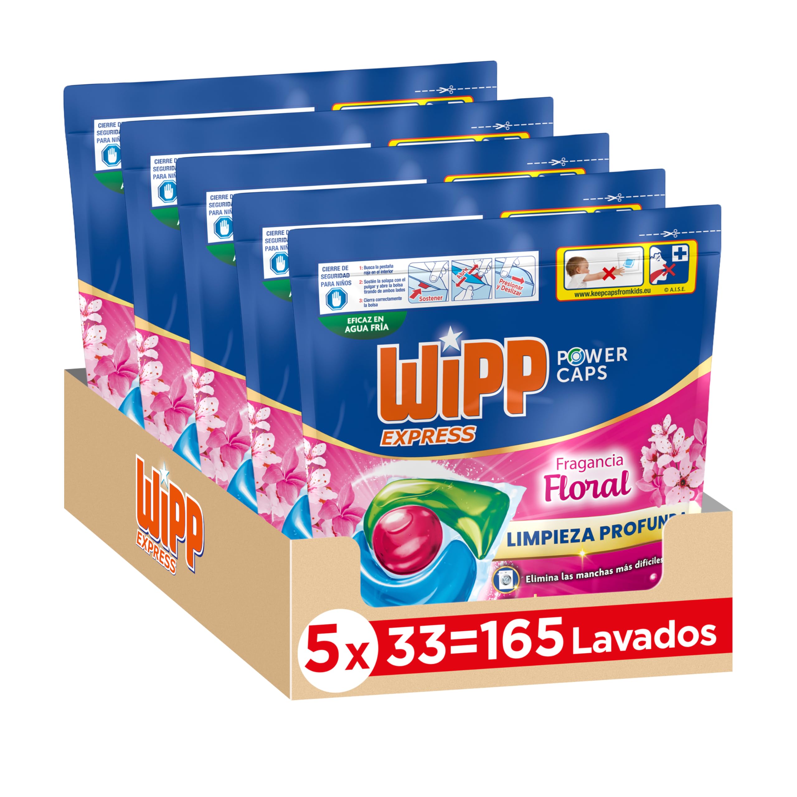 Wipp Express Power Caps Detergente Floral en Cápsulas para Lavadora, Pack de 5, Total 165 Dosis, Limpieza Profunda, Eficaz en Agua Fría