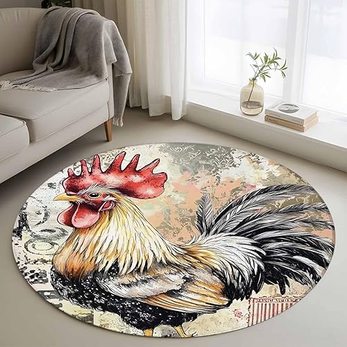 Miniatura 1 de 3ft Round Rug, Retro Rooster Non-Skid Rubber Backing Large Area Rugs - Living Room Bedroom Home Office, Pastoral Animals Watercolor Indoor Floor