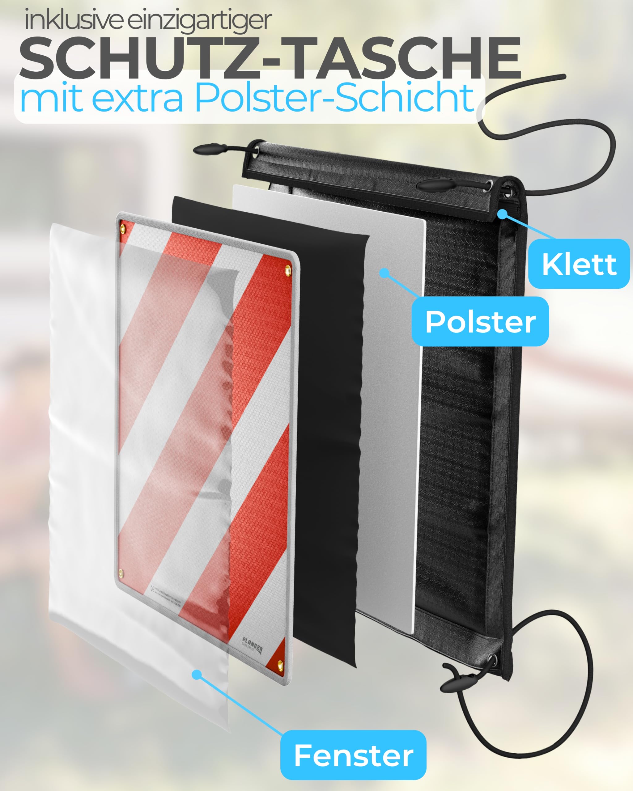 PLANGER® - Warntafel Italien und Spanien u Portugal 3in1 (50 x 50 cm) (Schild + Tasche + Spanner) - Reflektierendes Warnschild rot weiß für Heckträger u Fahrradträger