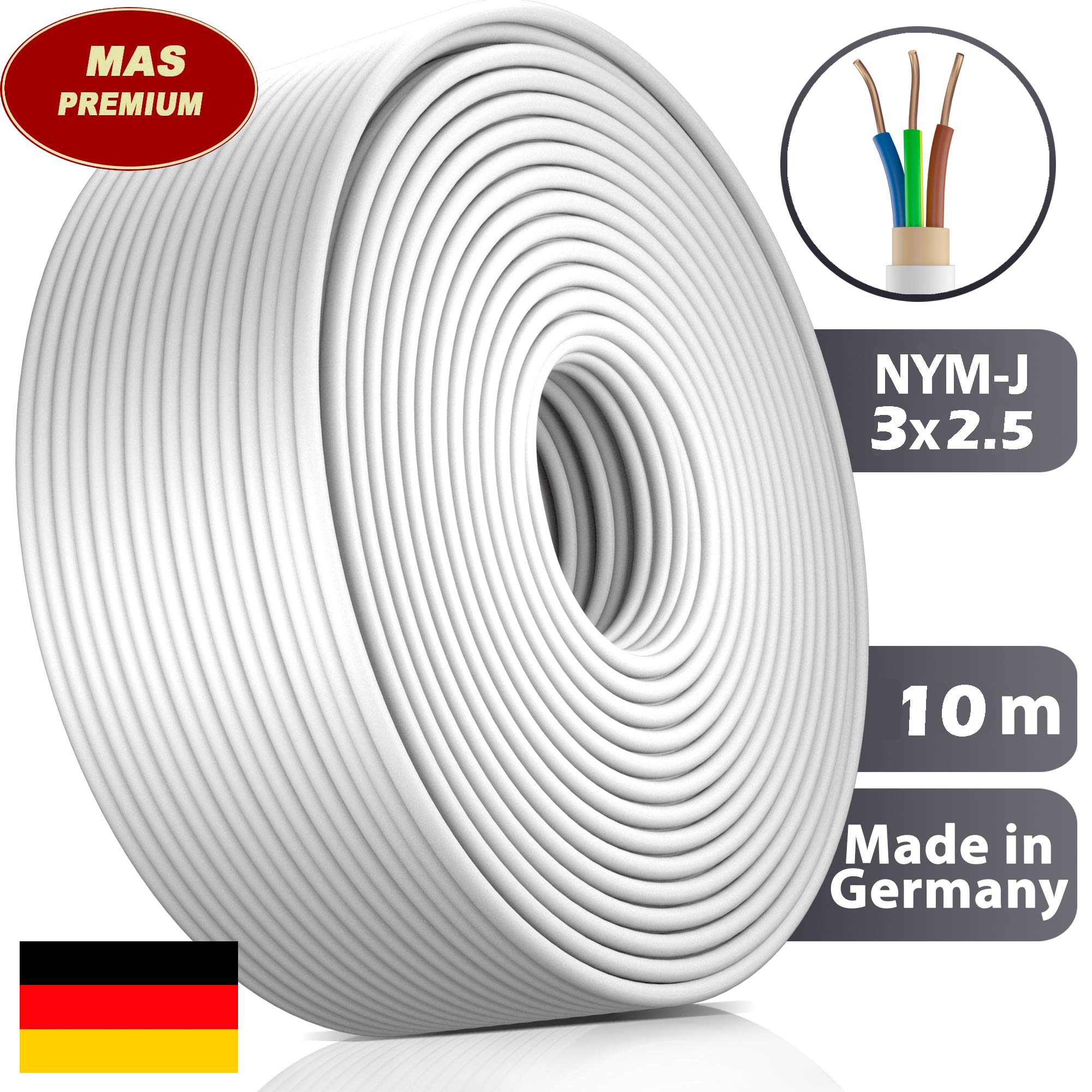 MAS-Premium Cavo Elettrico NYM-J per Ambienti Umidi, 3 x 2,5 mm², Grigio, Conforme alla Norma VDE, 5-100 m