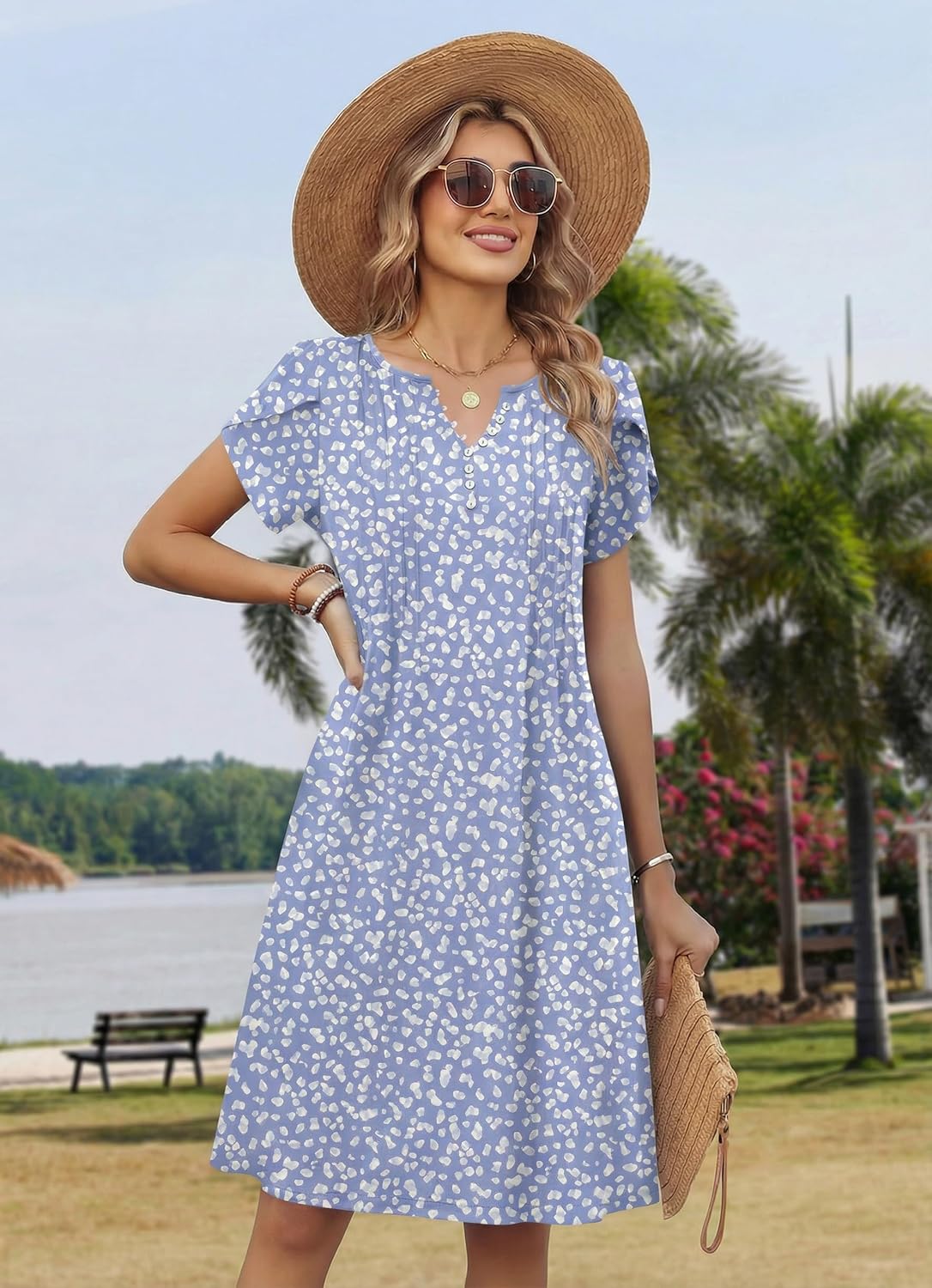Zeagoo Women's Casual Dresses with Pockets Summer Floral V-Neck A-Line Tshirt Dress Short Sleeve Mini Dress Beach Sundress