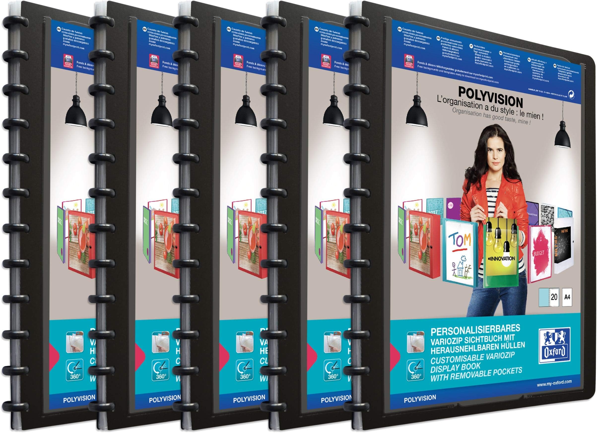 Oxford Ring-Mappe A4, Polyvision, Präsentations-Buch mit 20 Hüllen, Vario-Zipp, Austausch- und erweiterbar, schwarz, 5 Stück