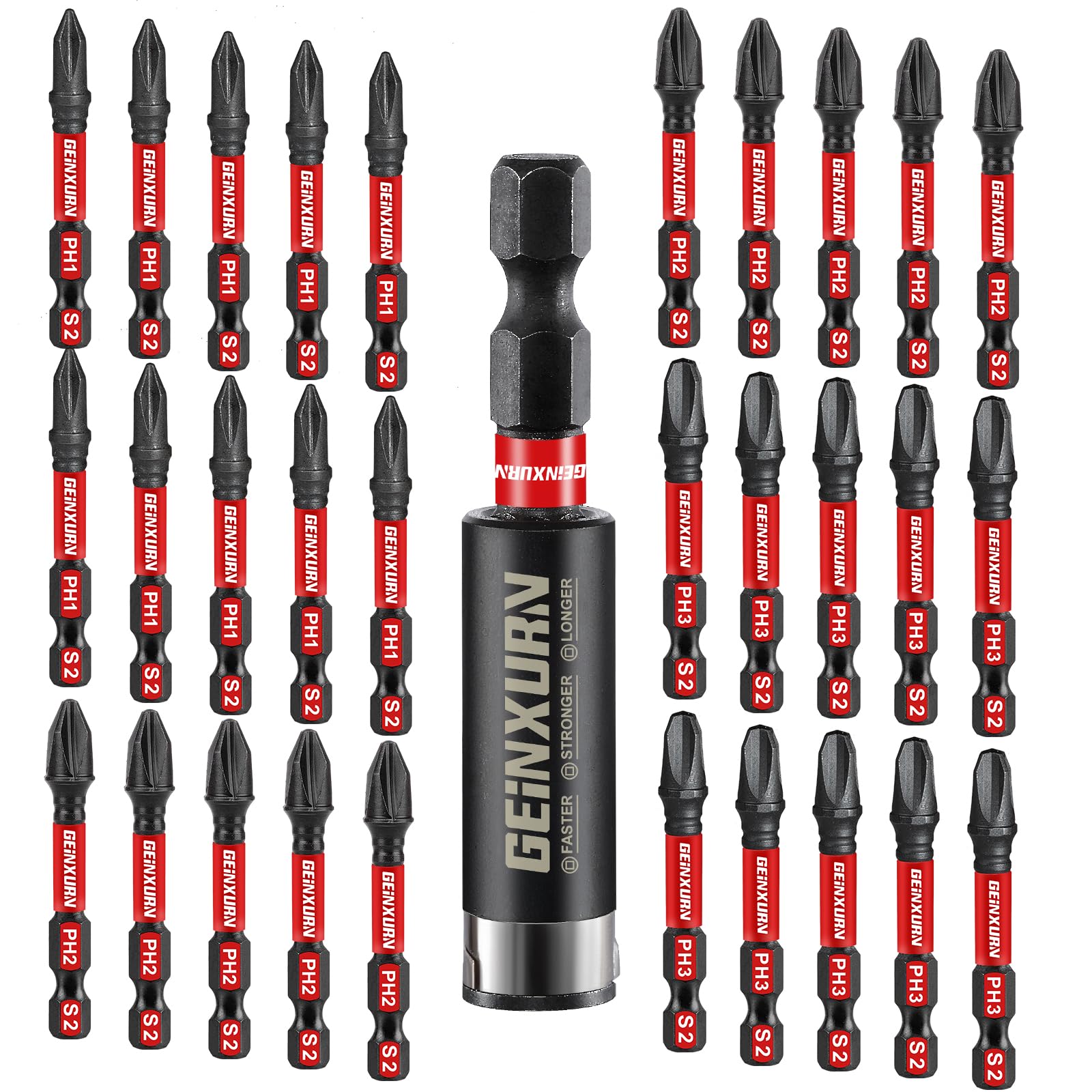 GEINXURN Impact Tough Phillips 50 mm Magnetic Screwdriver Bit Set, 30 Pieces PH1 PH2 PH3 Insert S2 Steel Drill Driver Bits with 1Pcs Impact Bit Holder, Bulk โ image 1