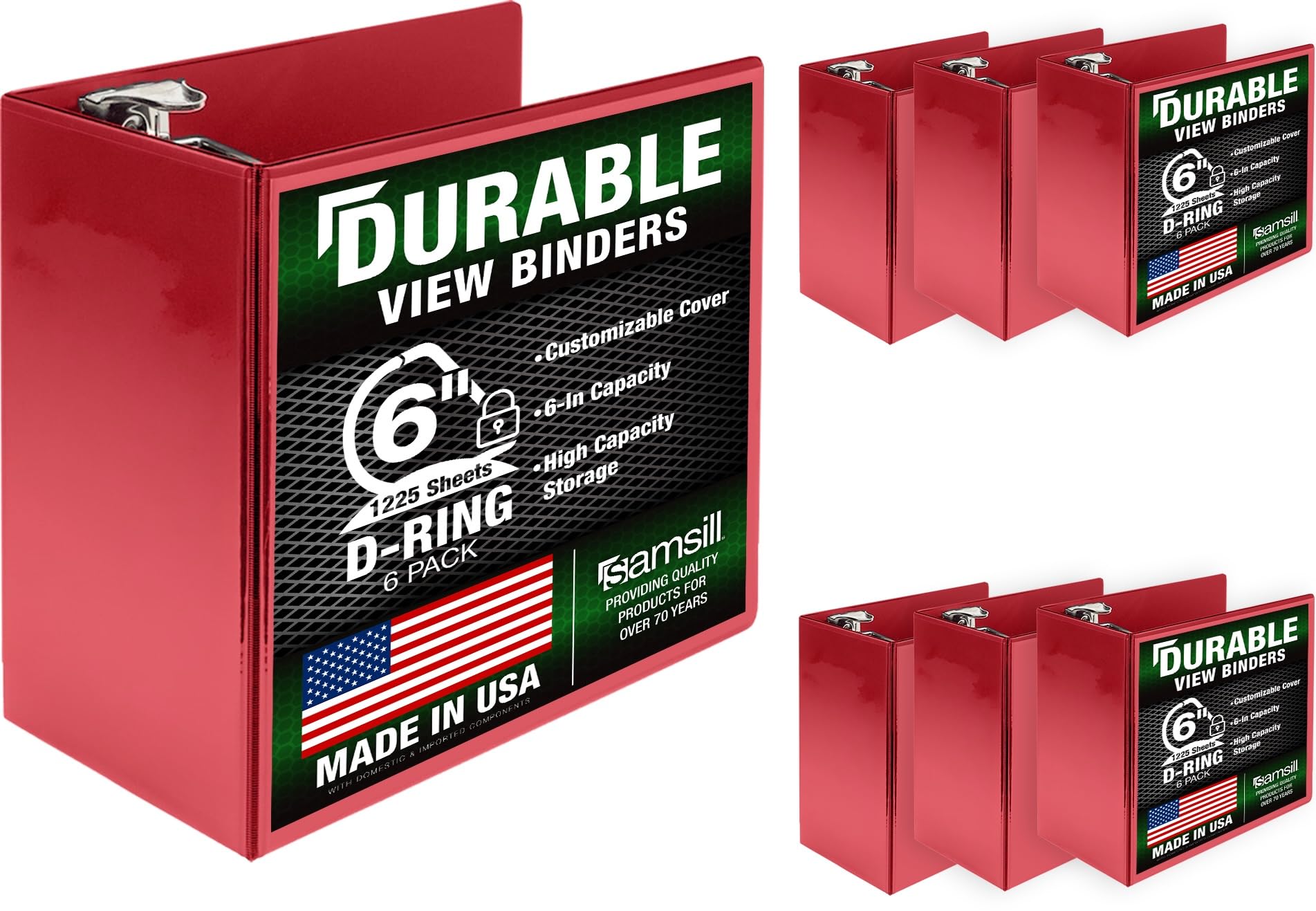 Samsill Durable 6 inch 3 Ring Binder, Locking D Ring Binder, Customizable Clear View Cover, Red, 6-Pack, Holds 1225 Pages
