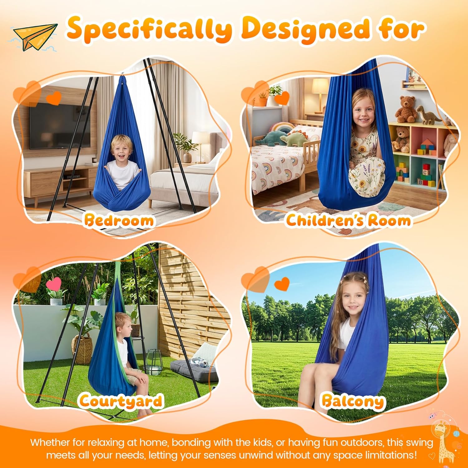 Swing Stand Frame with Sensory Swing and Pod Swing, Heavy-Duty X-Frame Sensory Swing Stand for Kids, Indoor & Outdoor Autism Sensory Hammock with Stand 330LBS Capacity for Home Backyard Park （Blue）