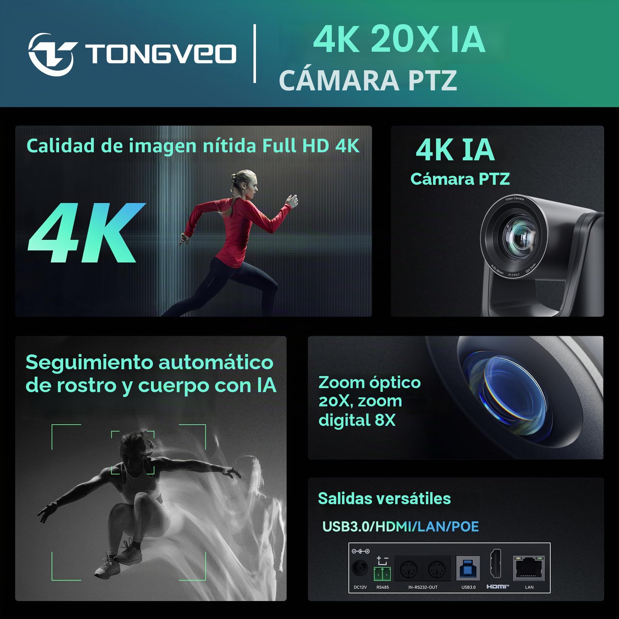 TONGVEO Cámara 4K AI PTZ con seguimiento automático y zoom óptico de 20x, cámara de conferencia con HDMI/USB3.0/LAN/PoE, ideal para servicios religiosos, reuniones de zoom, transmisión en directo y