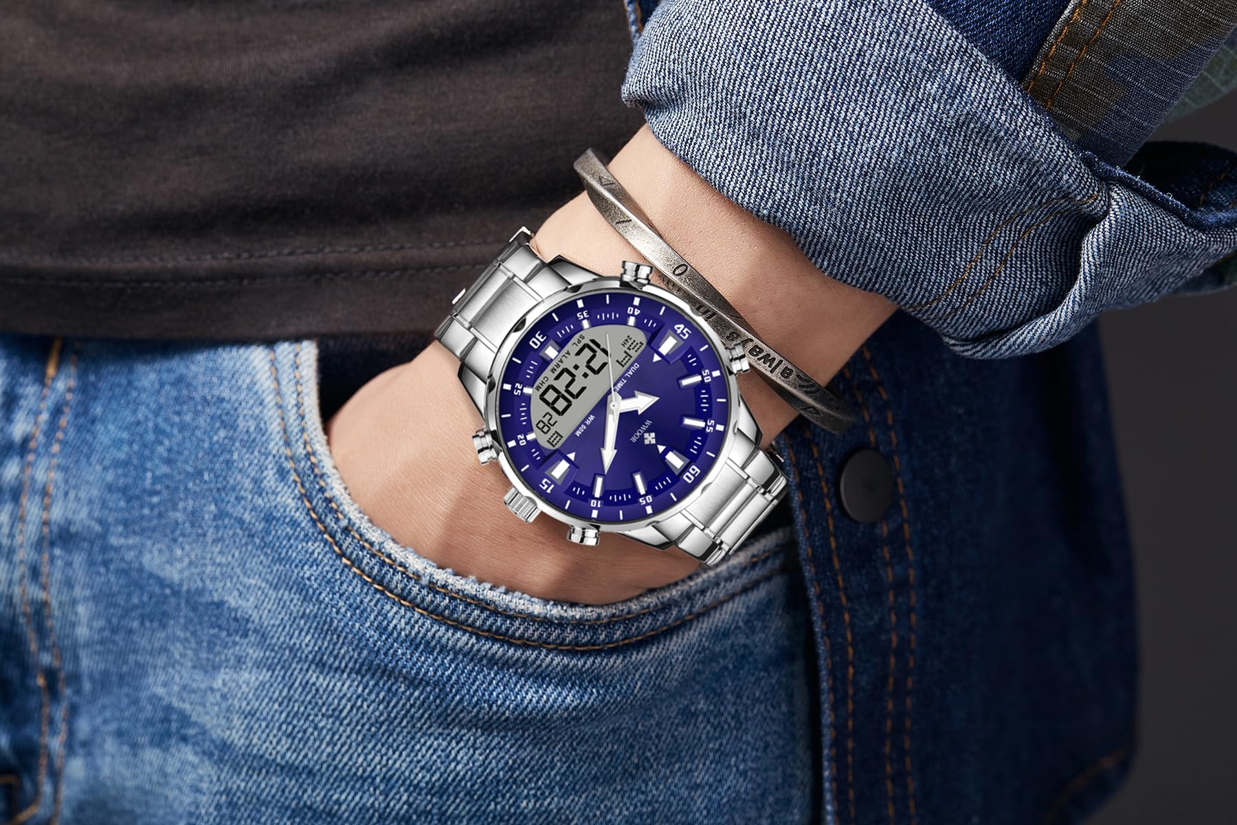 Gosasa Montre analogique à quartz pour homme - En acier inoxydable - Style sportif - Style décontracté - Style militaire - Étanche - LED