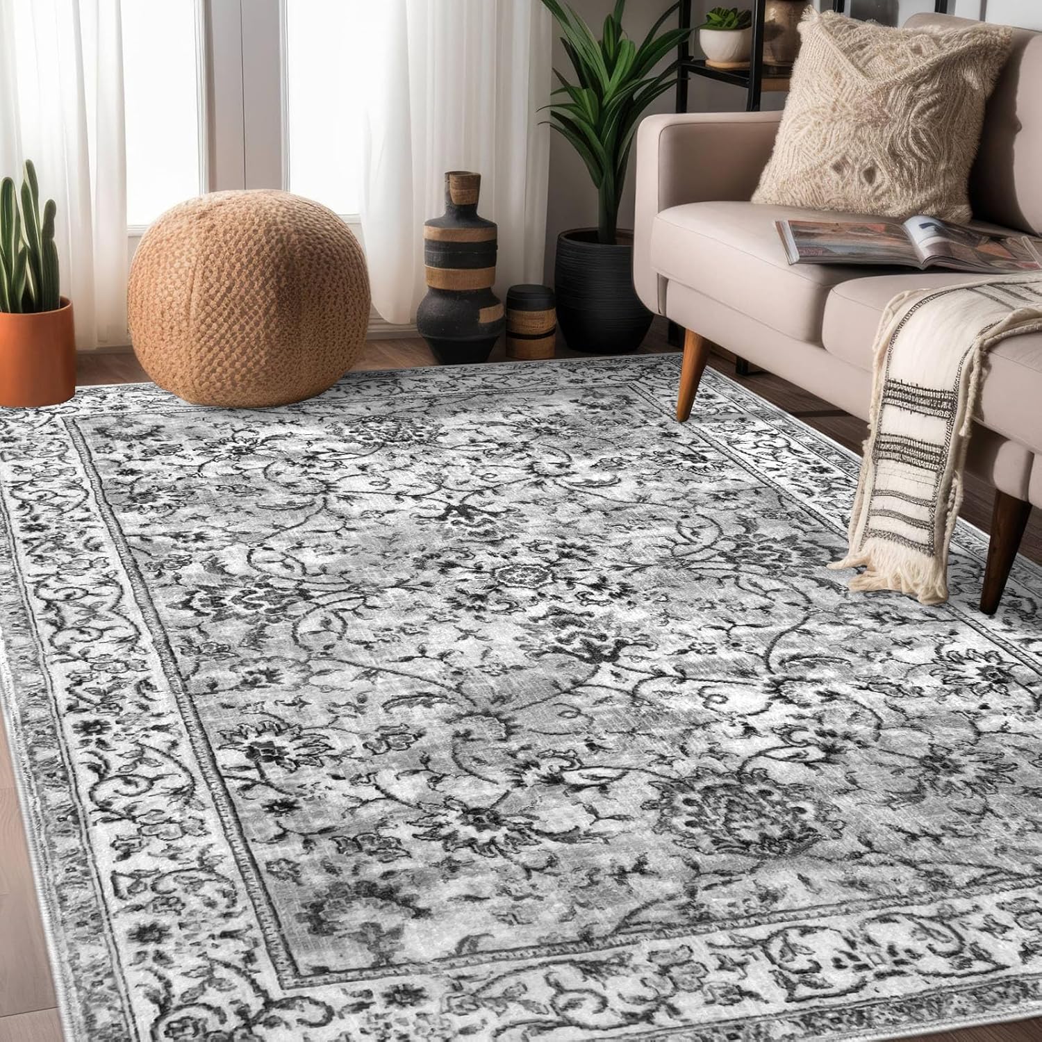 KILOCOCO Area Rug 9x12 Living Room Rug Washable Rug Printed Vintage Floral Rug Bedroom Rug Non Slip Soft Rug Indoor Kitchen Rug for Laundry Room Playroom Moroccan Area Rug, Light Gray White 9'x12'(108"x144") Light Gray/White
