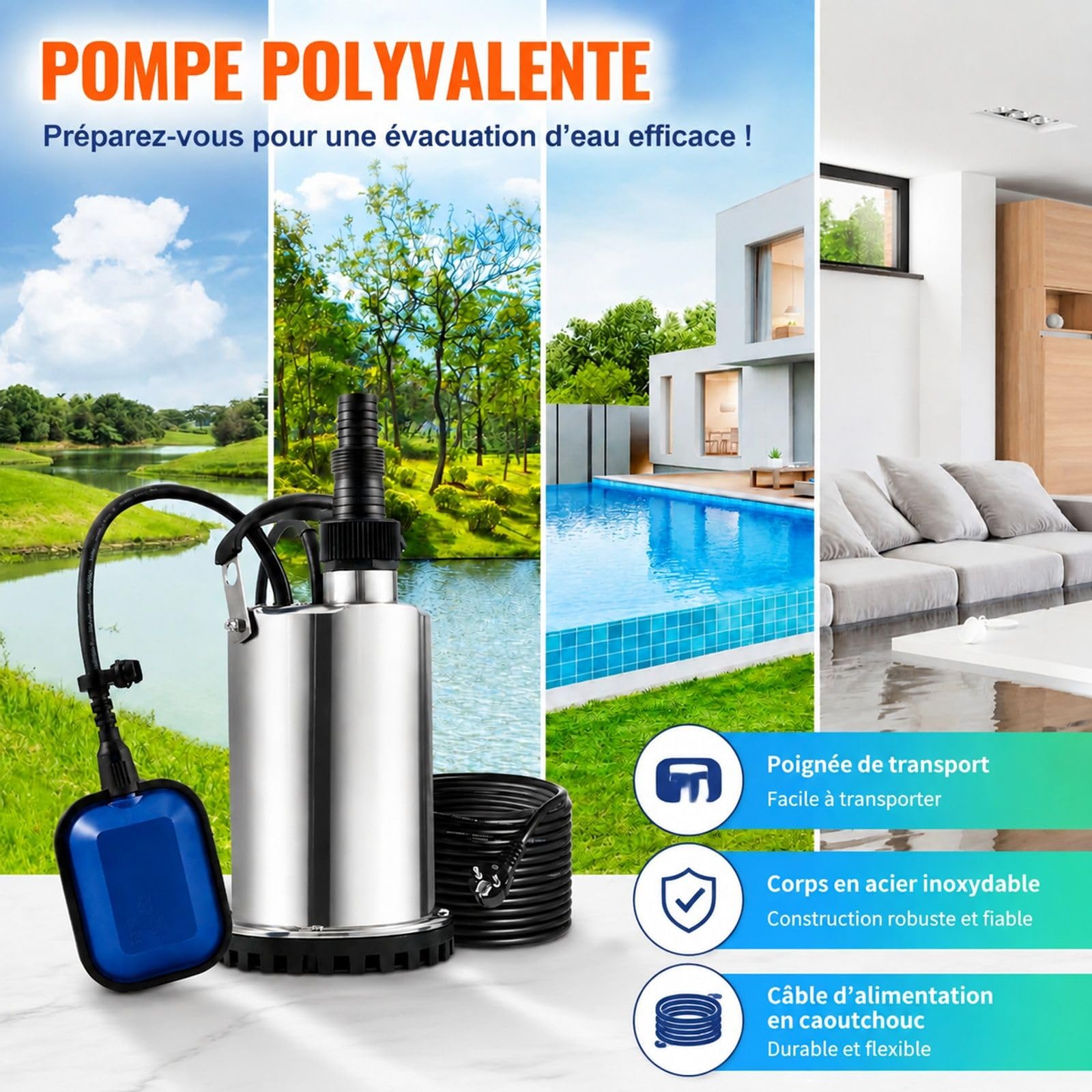 Pompe submersible pour eaux chargées 230 V 550 W 9500 L/h pour piscine, cave et étang