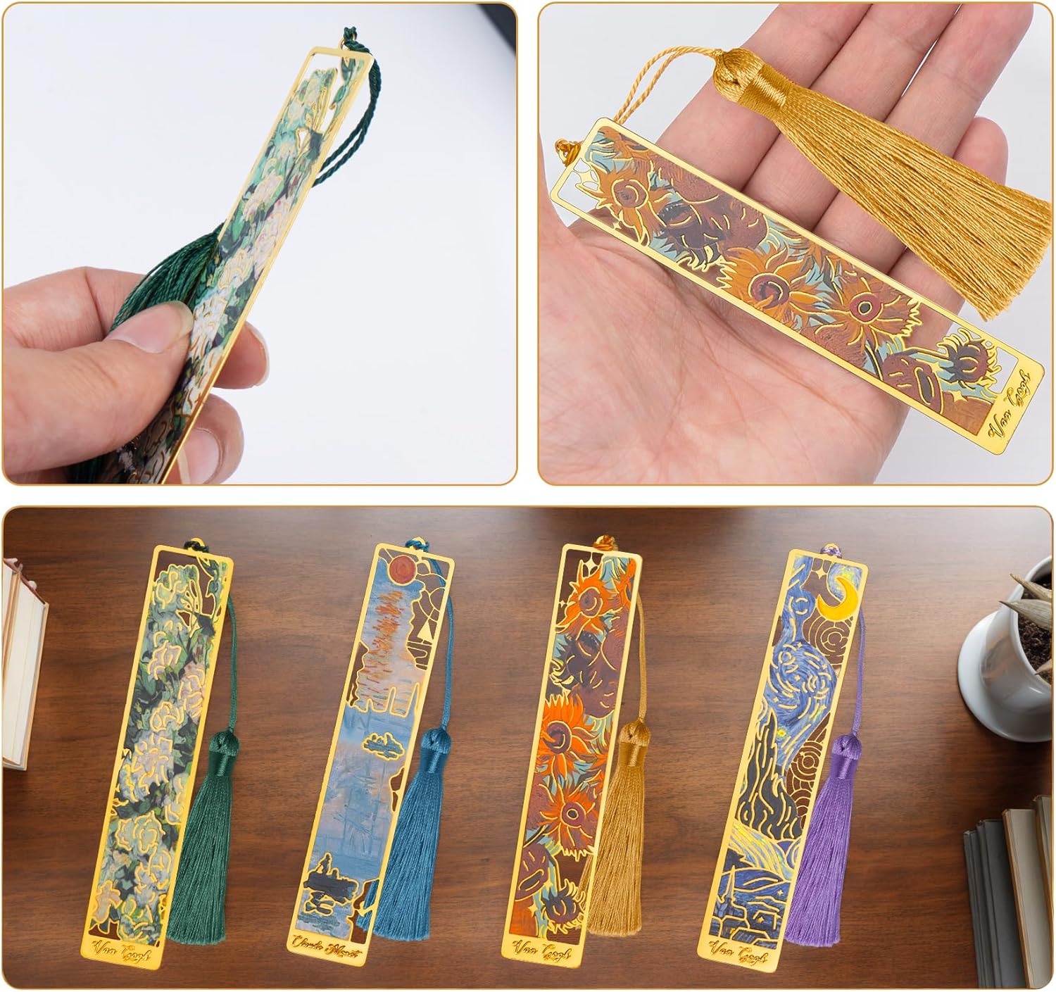 4 Pieces Metal Bookmarks Exquisite with Tassel,Golden Hollow Bookmark with Envelopes,Oil Painting Theme Vintage Book Mark,Pretty Bookmarks for Friends Teachers Students Birthday Present - Image 5