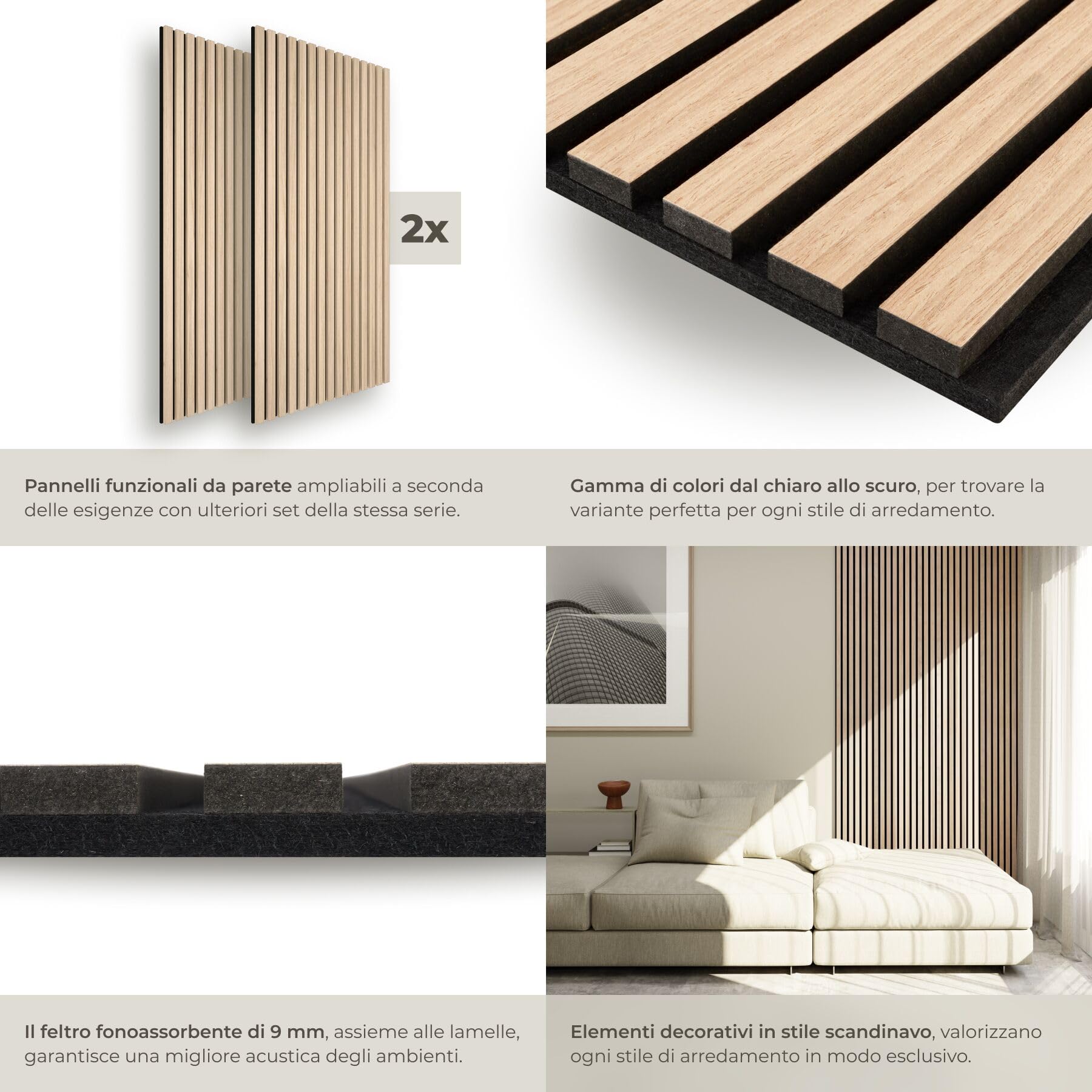 tectake® Set of 2 Acoustic Panels Wood Effect, Decorative Sound Absorbing Panels for Walls, Set x2 Ceiling Soundproofing Panels, 2 Pieces Wall Panels, Modern Design - Light Oak - 4