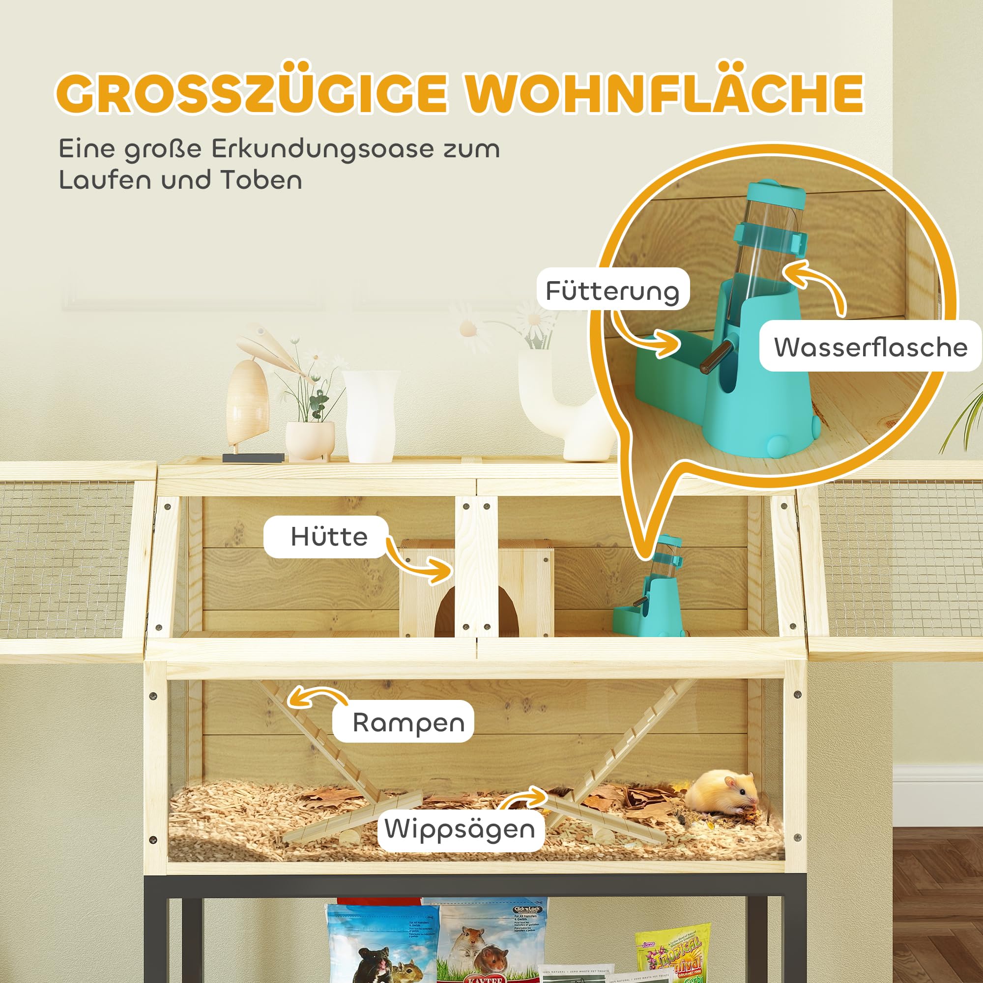 PawHut Hamsterkäfig aus Holz, Nagerkäfig mit Ablagefläche, Wasserflasche, Hütte, Wippen, Kleintierkäfig mit Rädern, Rampen, für Zwerghamster Naturholz 87 x 43 x 101 cm