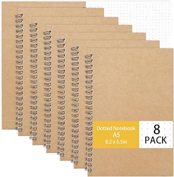 Yoosso A5 Dotted Notebooks, 8 Pack, Kraft Cover, 100 Pages, Wirebound