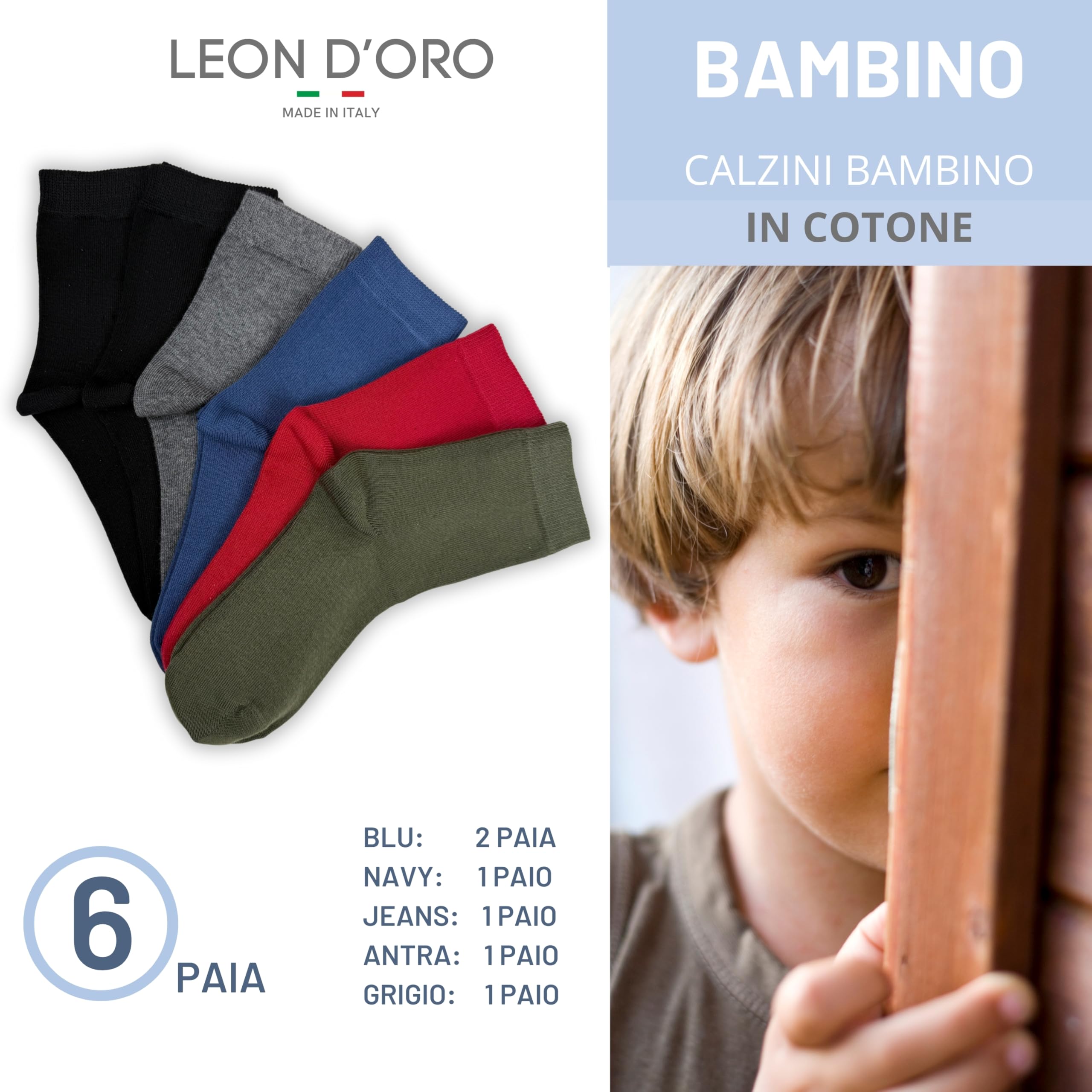 LEON D'ORO Chaussettes enfant fille coton élastique, chaussettes garçon fille pour école de loisirs 6 paires fabriquées en Italie