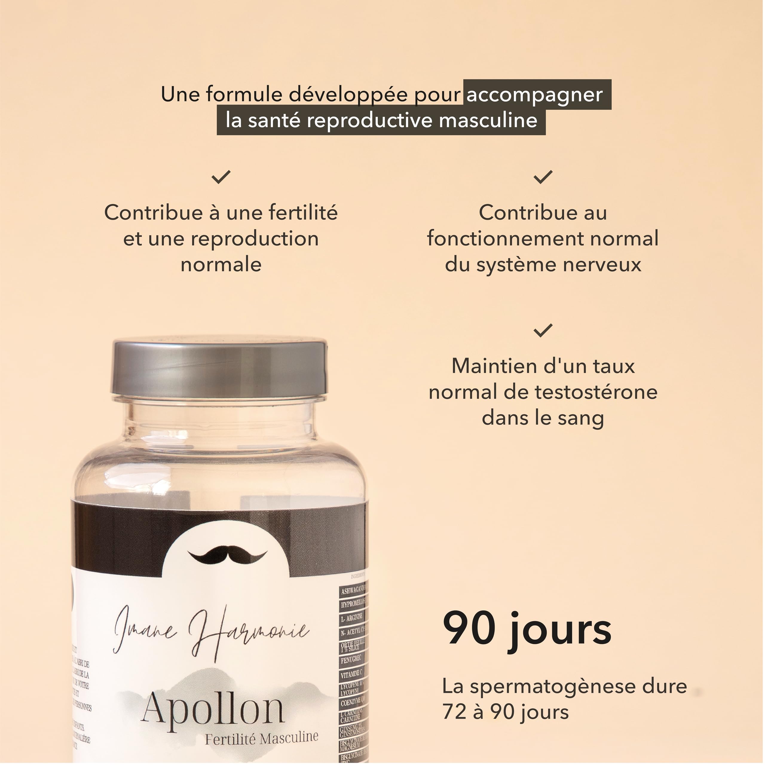IMANE HARMONIE Complément Alimentaire Naturel Fertilité Homme APOLLON - Qualité Sperme & Testostérone - Ashwagandha Zinc Coenzyme Q10 - Cure 90 Jours - 90 Gélules