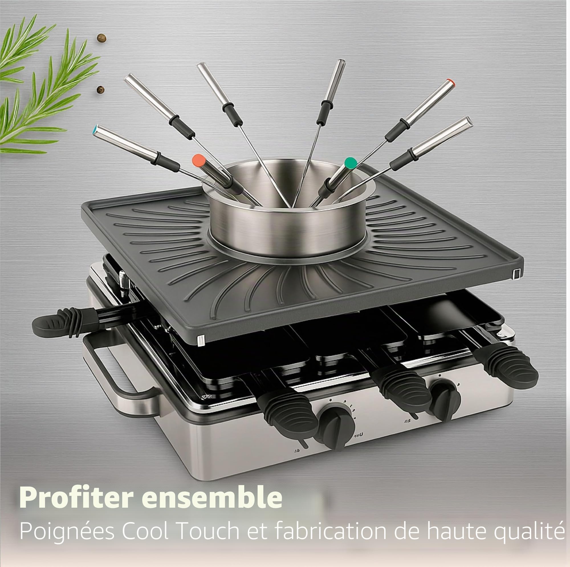 Appareil à raclette pour 8 personnes - Avec plaque de cuisson et fonction plaque de pierre - Barbecue de table avec poêlons et grattoir (fondue)