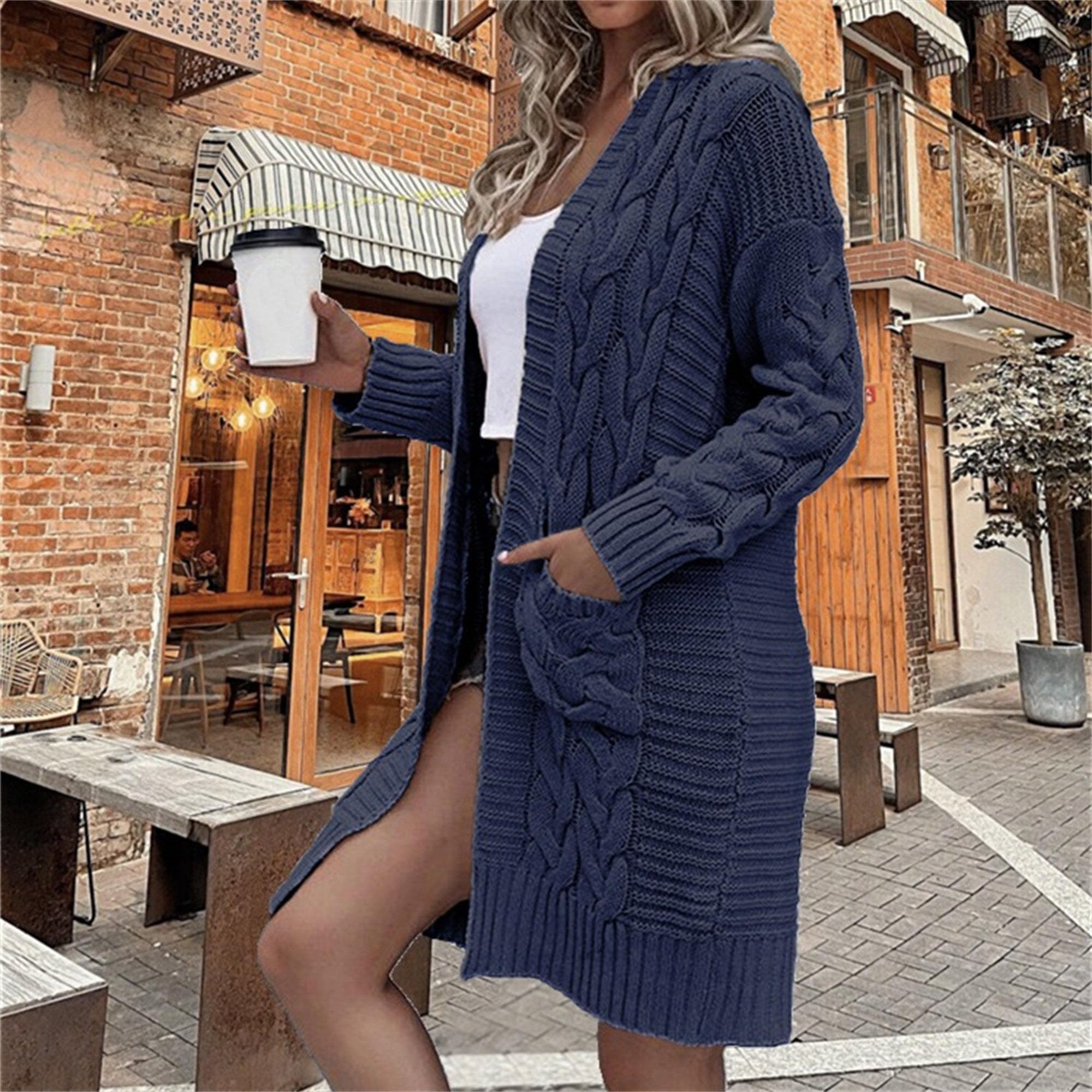 Long Sleeve Cardigan for Women Fall Chunky Cable Knit Open Front Sweaters Lightweight Loose Outwear with Pockets (X-Large,Dark Blue)