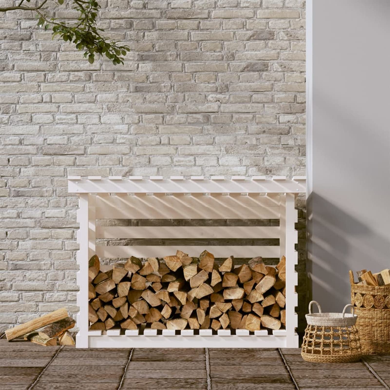 Portalegna Bianco 108x73x79 cm in Legno Massello di Pino-Portalegna da Esterno per Legna da Ardere Robusto Impilatore di Legno Scaffale Porta legnaia da ardere