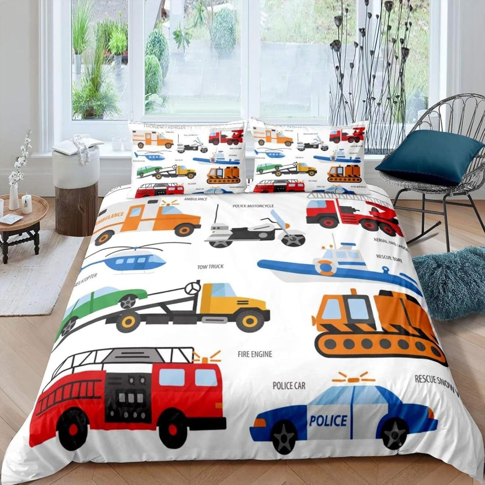 Tabeskly Kids Boy Car Digger Tractor Engineering vehicle Soft Zipper Bed Bedding Duvet Cover Set Single White 135×200cm