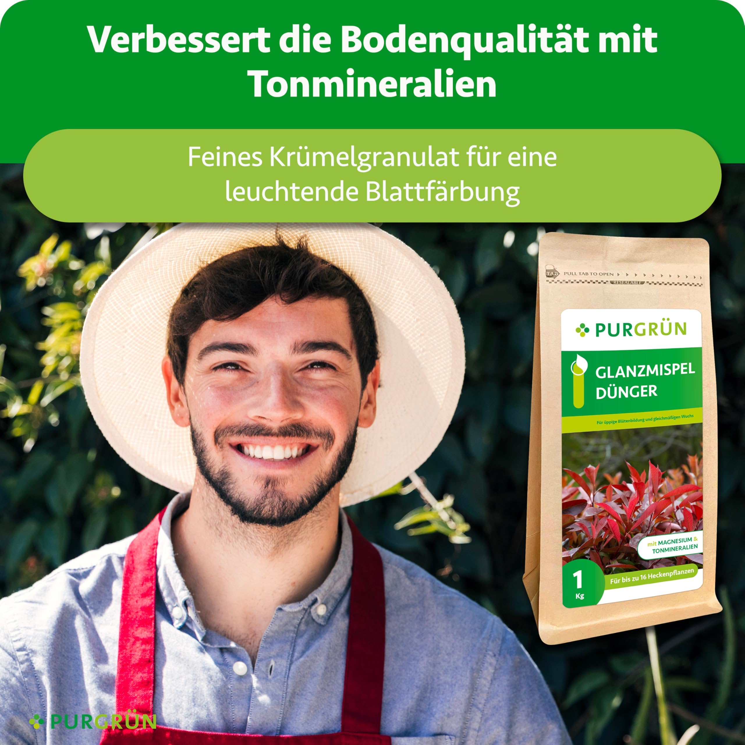 Glanzmispel-Dünger 1 kg – Organisch-mineralische Rezeptur – Feinkörniges Krümelgranulat – NPK 8+4+5 – Extra Magnesium für eine leuchtende Blattfärbung – Verbessert die Bodenqualität