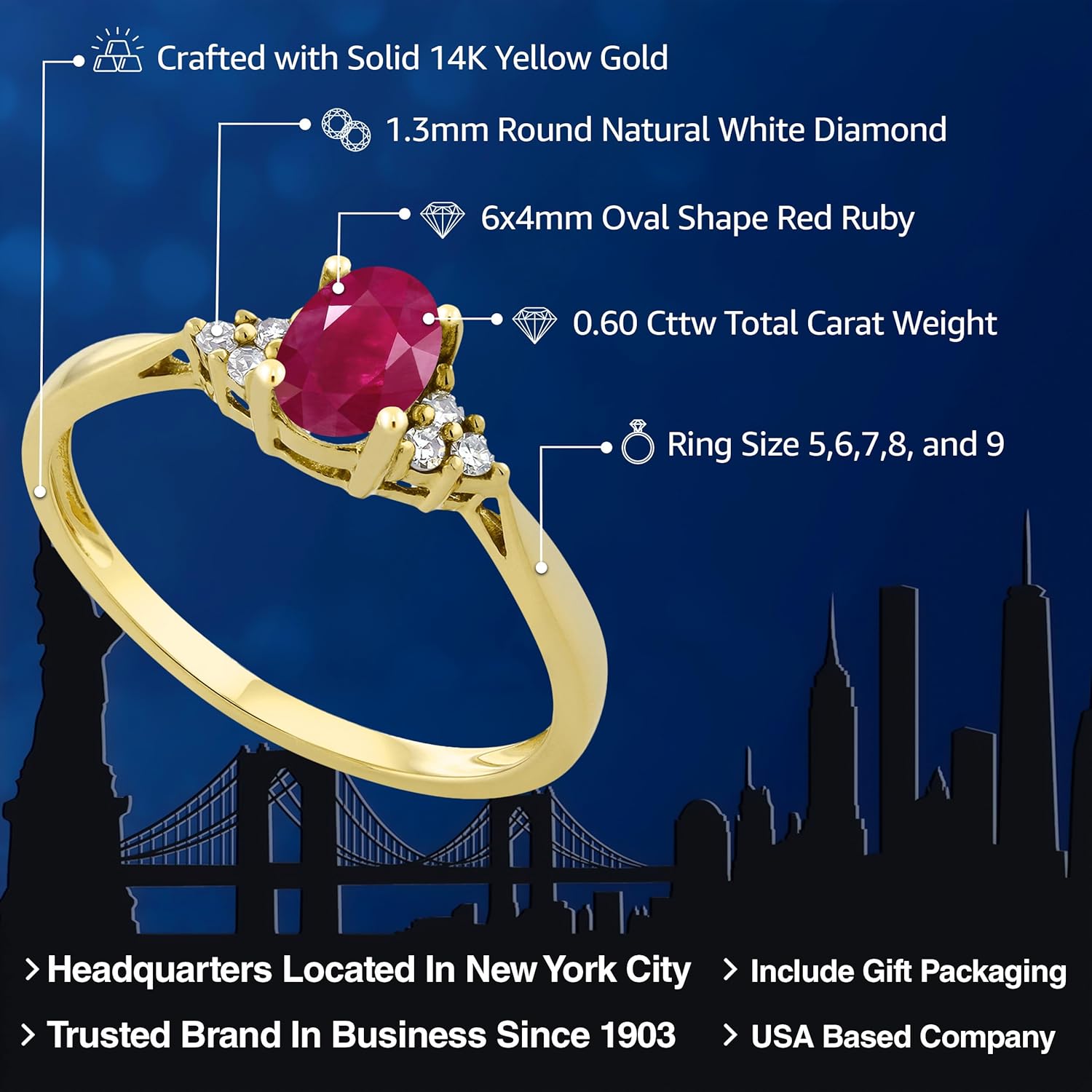 Gem Stone King 14K Yellow Gold Gemstone Birthstone and White Diamond Engagement Ring | Oval 6X4MM | Wedding Anniversary Promise Gold Ring for Women | Sizes 5 to 9 | Ruby-July | 7 - Image 2