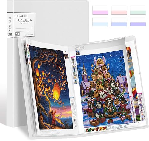 Libro de almacenamiento de pintura de diamantes A3, carpeta de presentaciones de portafolio de arte con 30 protectores de mangas transparentes, 17.3