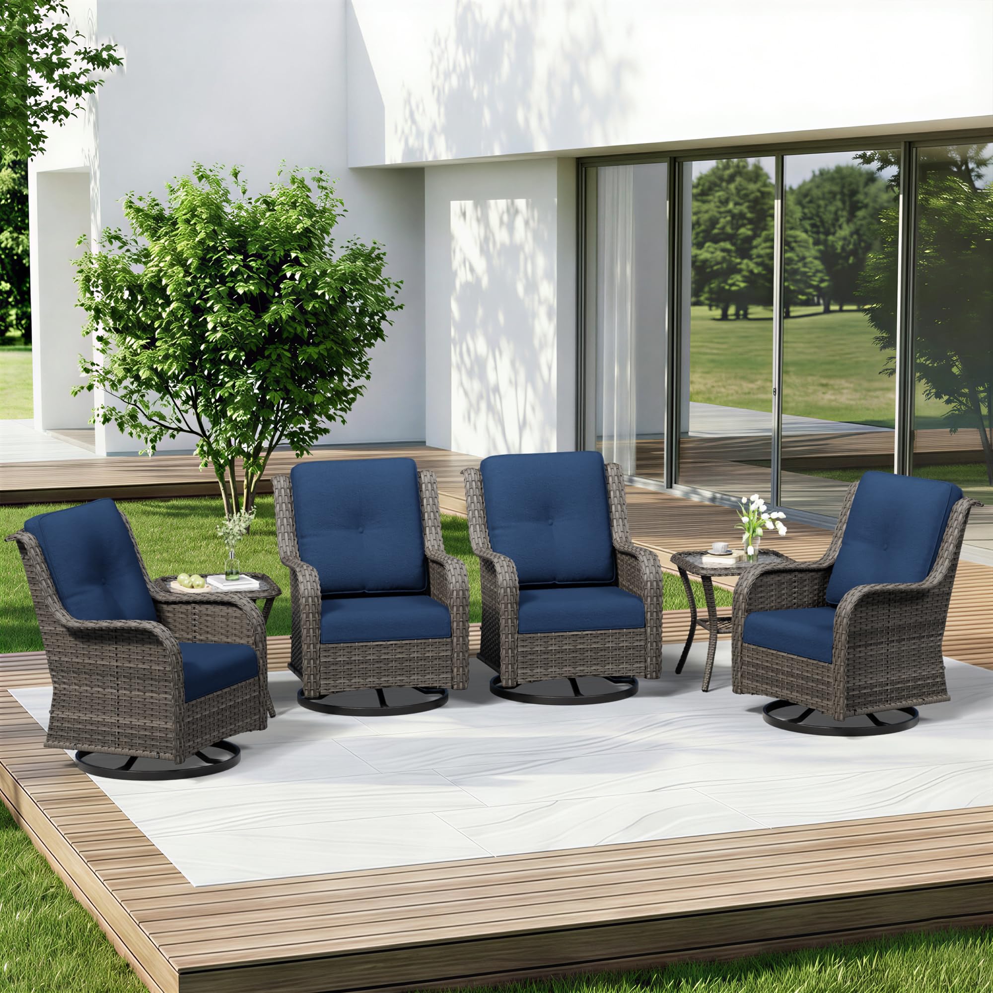 6 Piece Outdoor Wicker Patio Furniture Set, Outdoor Swivel Rocker Patio Chairs Set with Thickened Olefin Cushions, High Back and Deep Seating, Hand-Woven PE Rattan for Porch, Deck