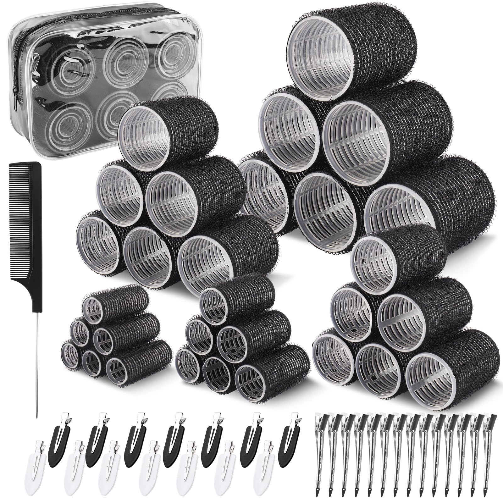 Set di 60 Bigodini, 5 Misure (60/48/40/30/20mm) Bigodini Grandi per Volume con 28 Pinza, Heatless Hair Curler per Capelli Lunghi, Medi e Corti (Nero)
