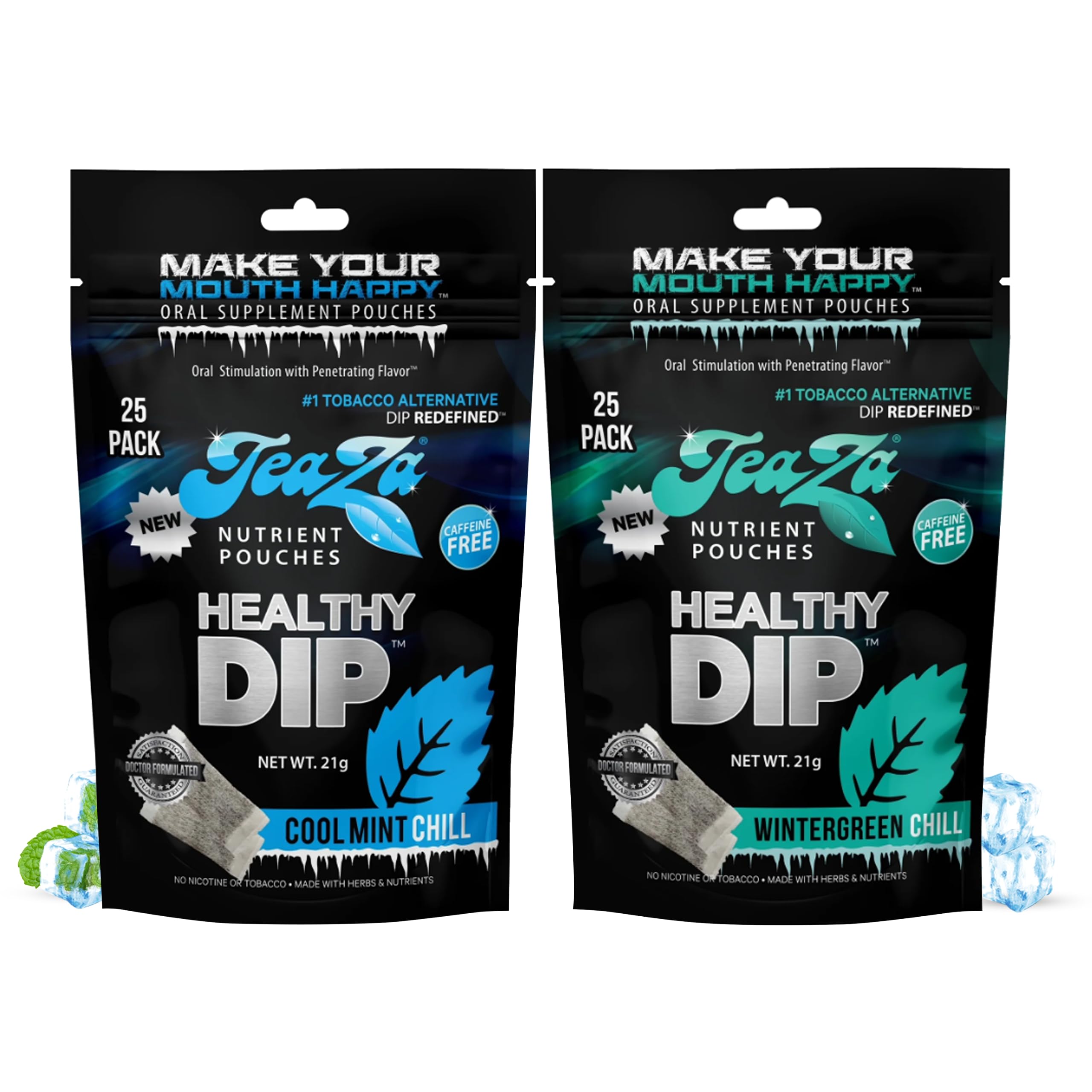 TeaZaEnergy Pouches, Nicotine Free, Alternative Snuff Healthy Chewing, Minty Flavors Combo | 1 Wintergreen Chill & 1 Cool Mint Chill | 2 x 25 Pouch Packs