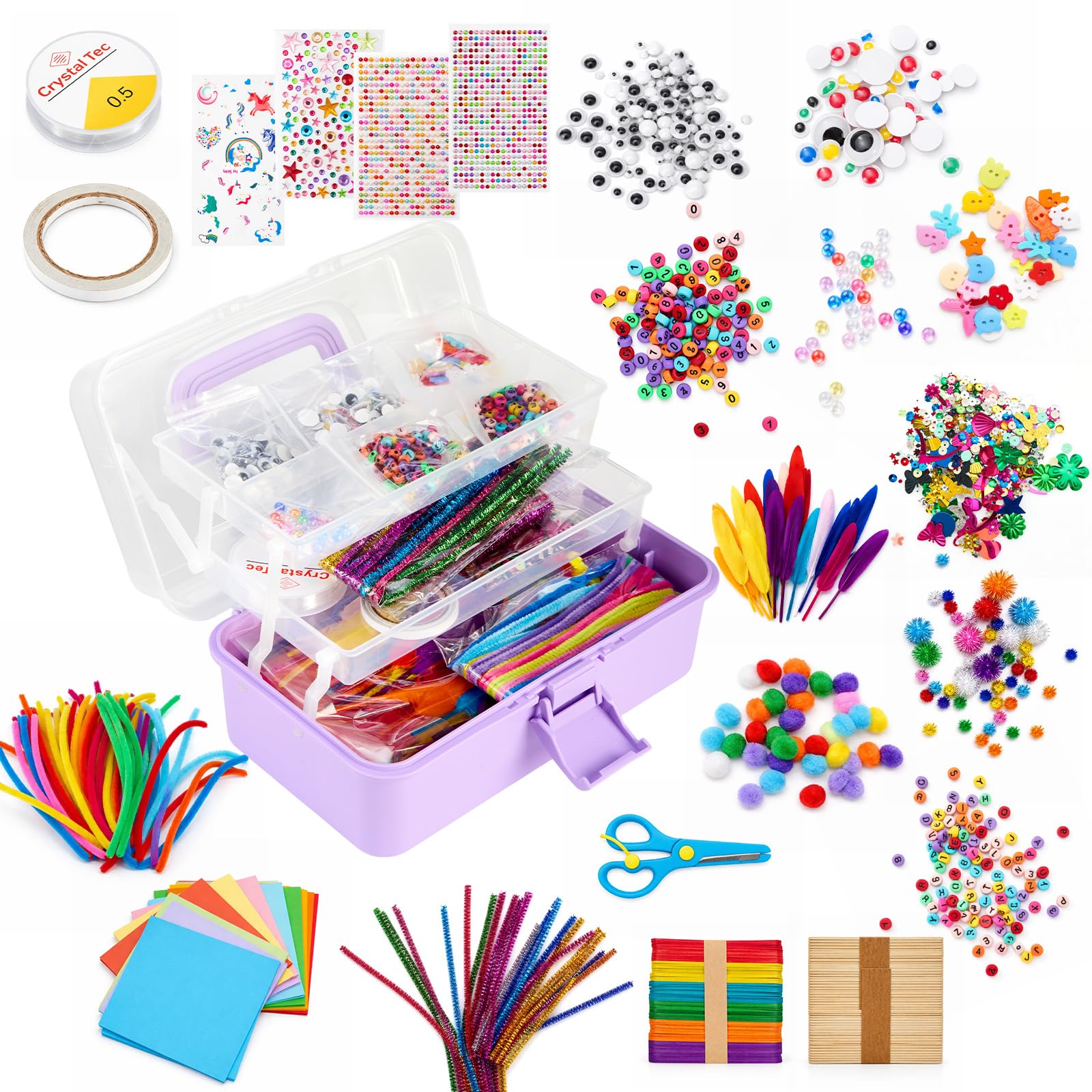 3000+ Pcs Arts and Crafts Supplies Box for Kids Ages 4+ All-in-One Creative Craft Set with Storage Box, Includes Pom Poms Pipe Cleaners Feathers Beads More Perfect DIY Gift for Boys Girls (Purple)