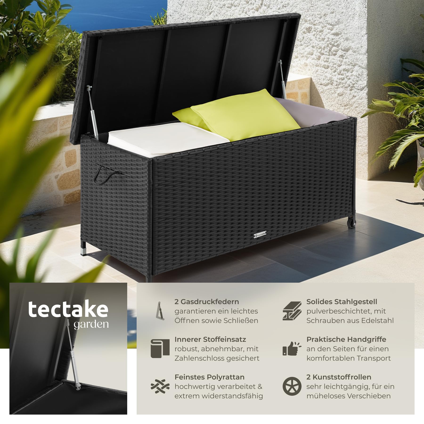tectake® Poly Rattan Auflagenbox wetterfest, abschließbare Box mit Deckel, outdoor Aufbewahrungskiste mit Innentasche, Kissenbox 270L, rollbar, für Garten, Terrasse, Balkonmöbel - schwarz