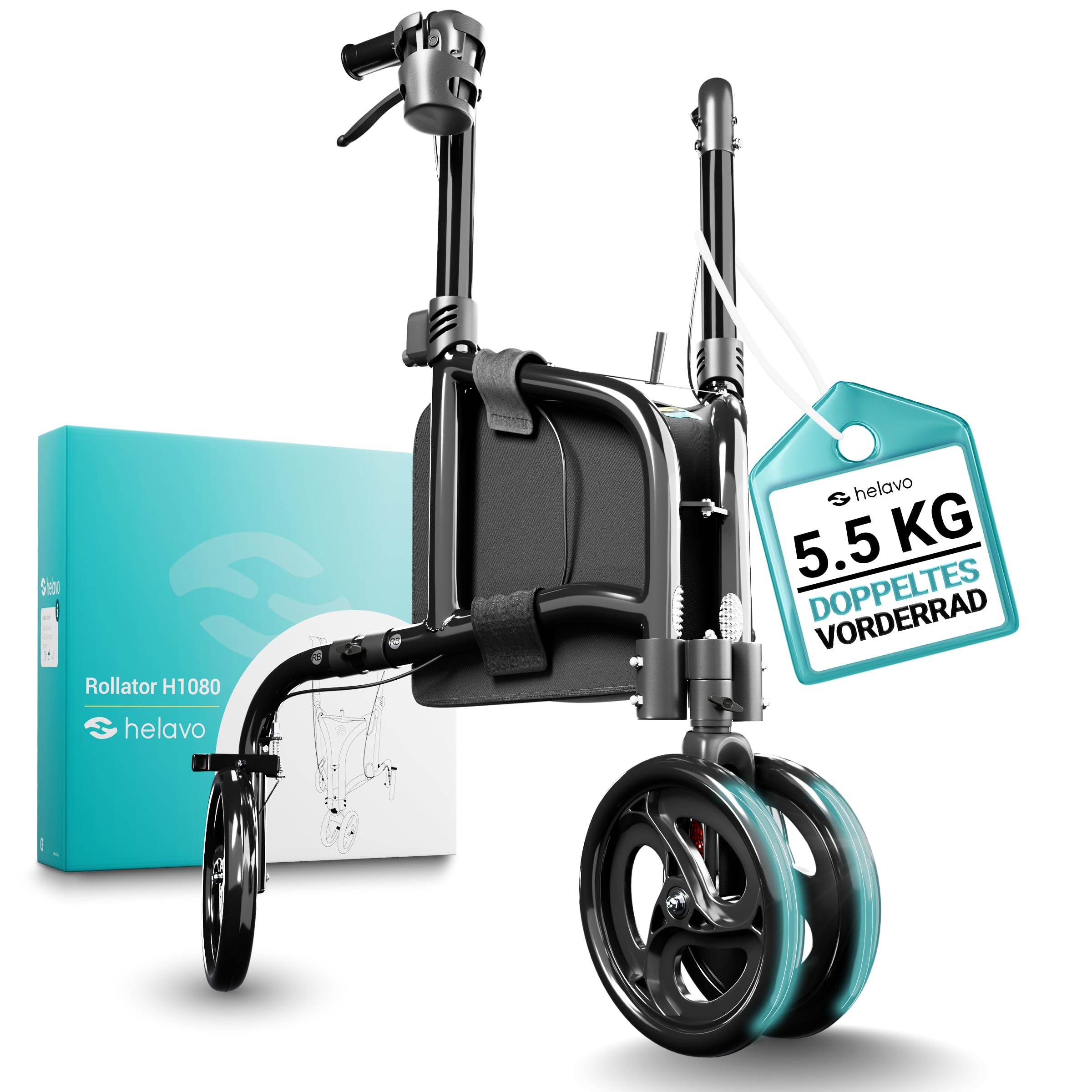 Helavo Rollator mit 3 Rädern - 5,5 kg leicht - Für Wohnung & Draußen | Aluminium-Dreiradrollator mit maximaler Stabilität dank doppeltem Vorderrad - Inkl Transporttasche - Höhenverstellbare Griffe