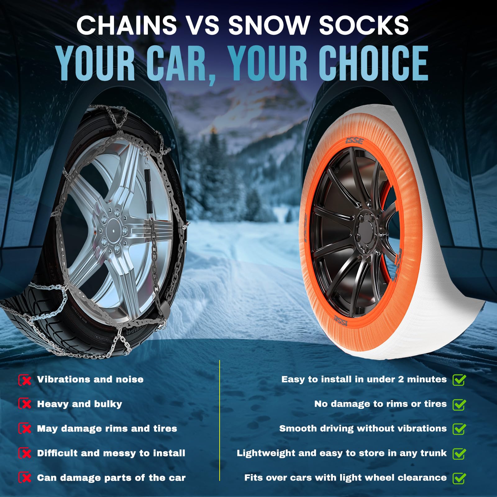 ISSE - Cadenas De Nieve PREMIUM Para Coche Super T-70 Homologación EN 16662-1 - Uso Diario en Nieve y Hielo - Kit de 2 Fundas textiles para Nieve Universales + Guantes