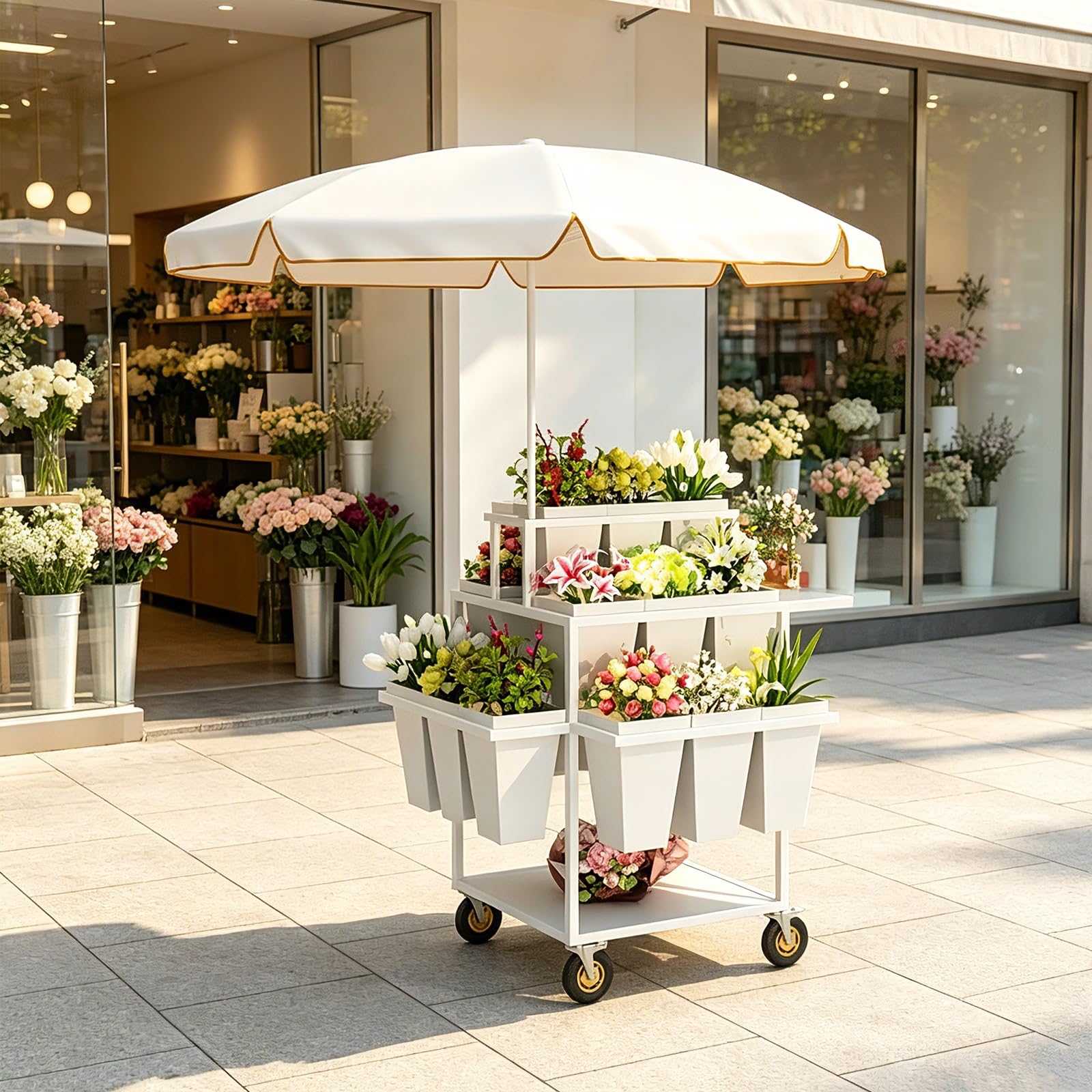 Carrito de flores rodante con sombrilla protectora solar para venta