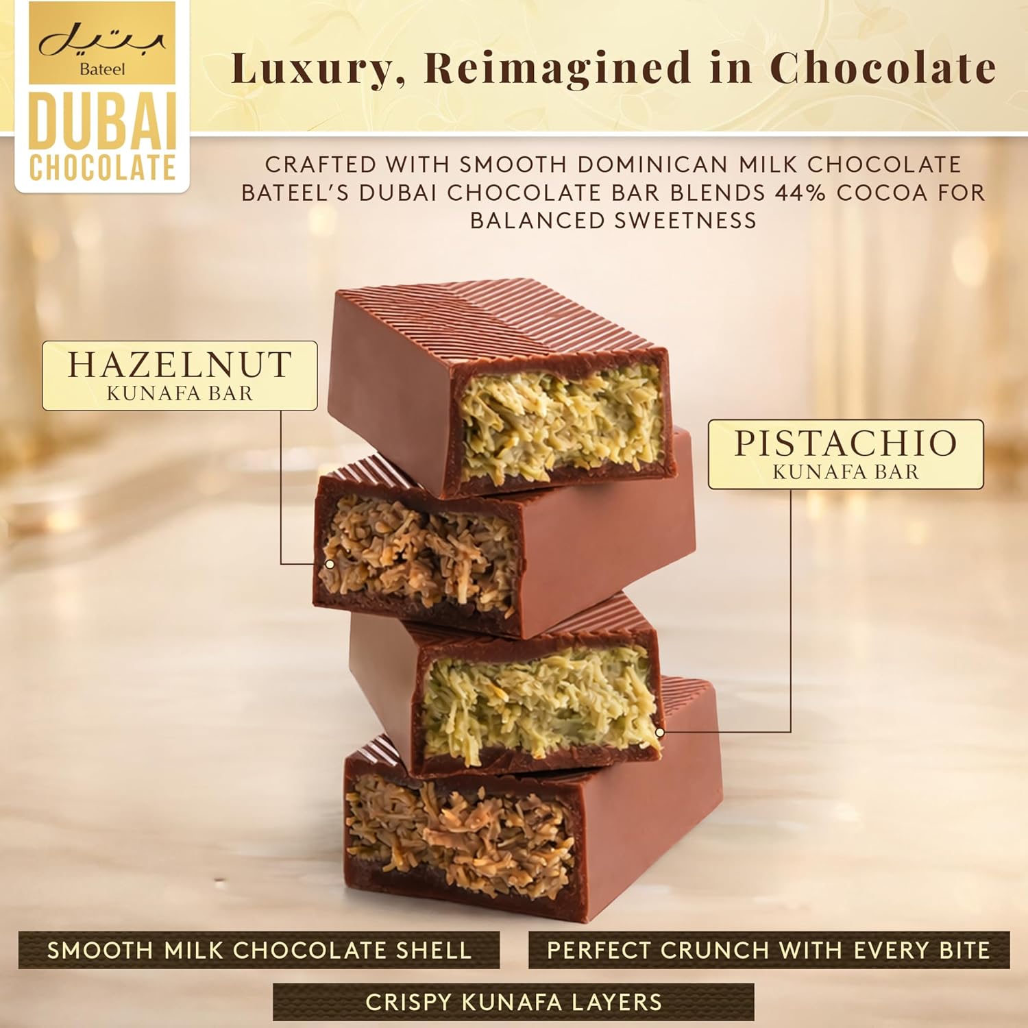 Bateel Dubai Chocolate Gift Set - 6pcs Pistachio & Hazelnut Kunafa Bars | Gourmet Milk Chocolate with Crunchy Kunafa Layers | Luxury Middle Eastern Chocolate Gift Box