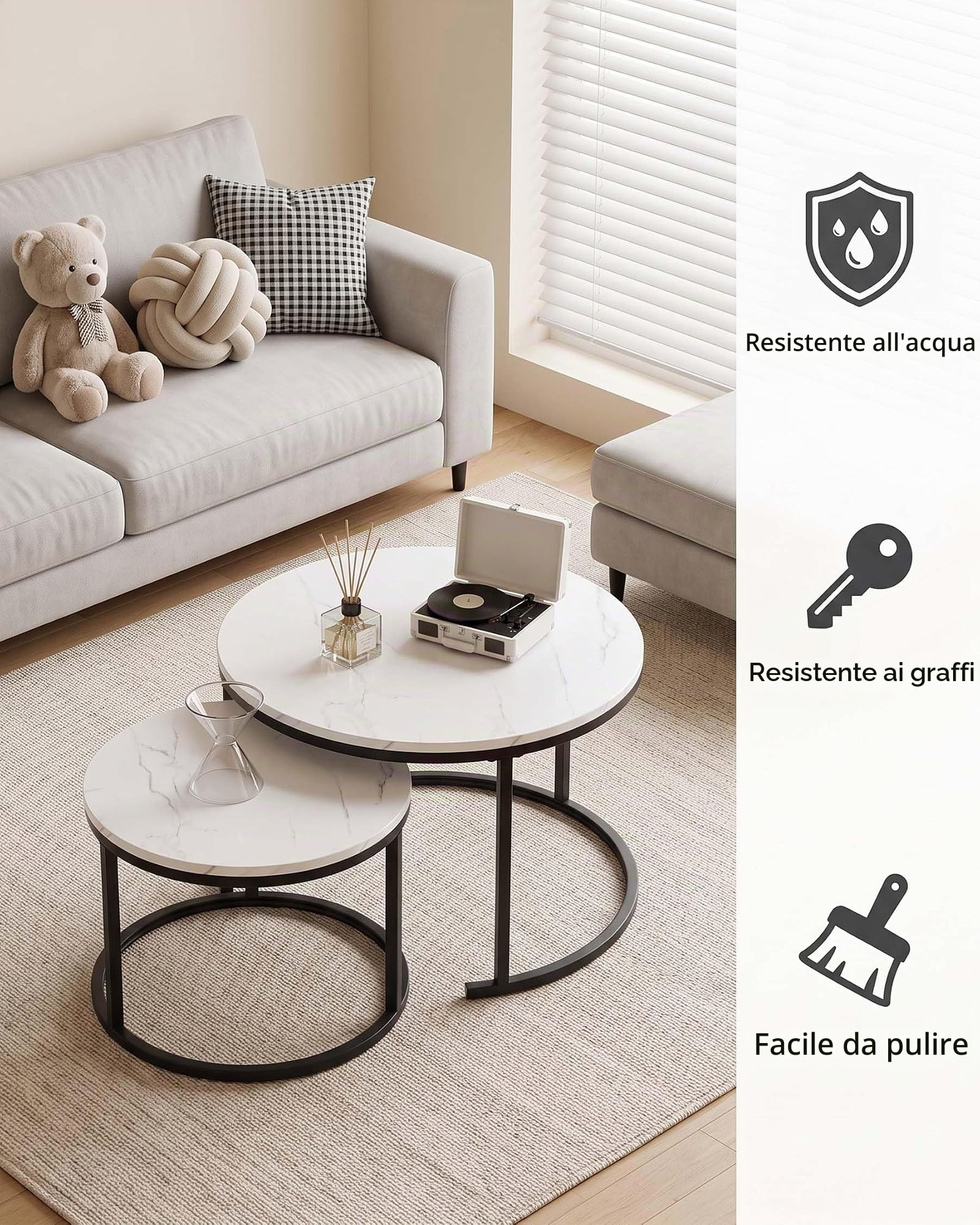 Tavolo Salvaspazio Soggiorno, Tavolino da Salotto Moderno Bianco, Tavolino Salotto Rotondo Bianco con effetto marmo 2 pezzi, Coffee Table