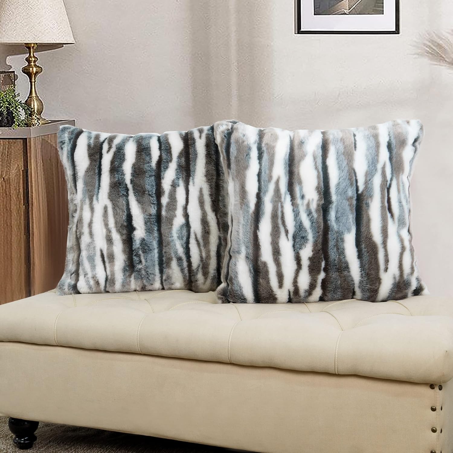 Multi Jacquard Faux Fur Decorative Euro Throw Pillow Covers 26 x 26 Inches Set of 2, Furry Fluffy Plush Soft Luxury Cushion Case Pillowcase for Couch Bed Car Bedroom Living Room, Grey Multi