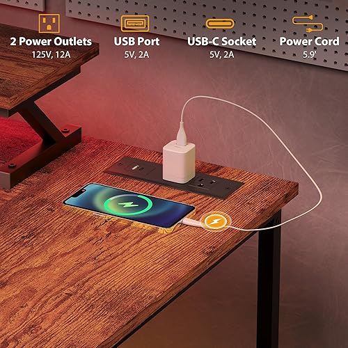 Miniatura 5 de HOMCOM Escritorio para juegos en forma de L de 58 pulgadas con tomas de corriente y luces LED, escritorio reversible para computadora con soporte