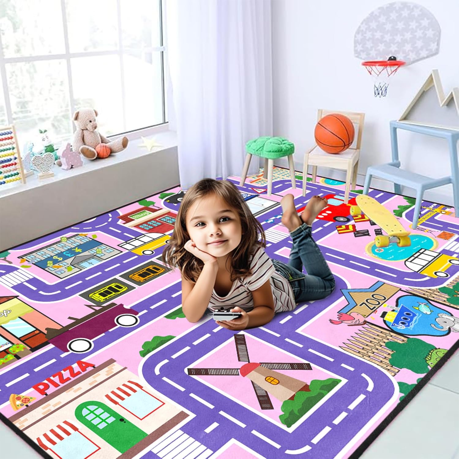 Car Rugs for Kids Toy Cars - Car Track Carpet for Boys Road Rug for Bedroom Road Map Carpet for Kids Toy Play Mat Farm, 3x5 Feet