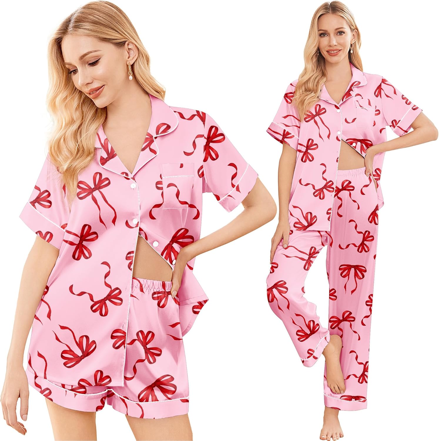 Ekouaer Silk Pajamas for Women Set Satin Pjs Soft Short Sleeve Button Down Sleepwear 3 Piece Loungewear S-XXL - Image 2