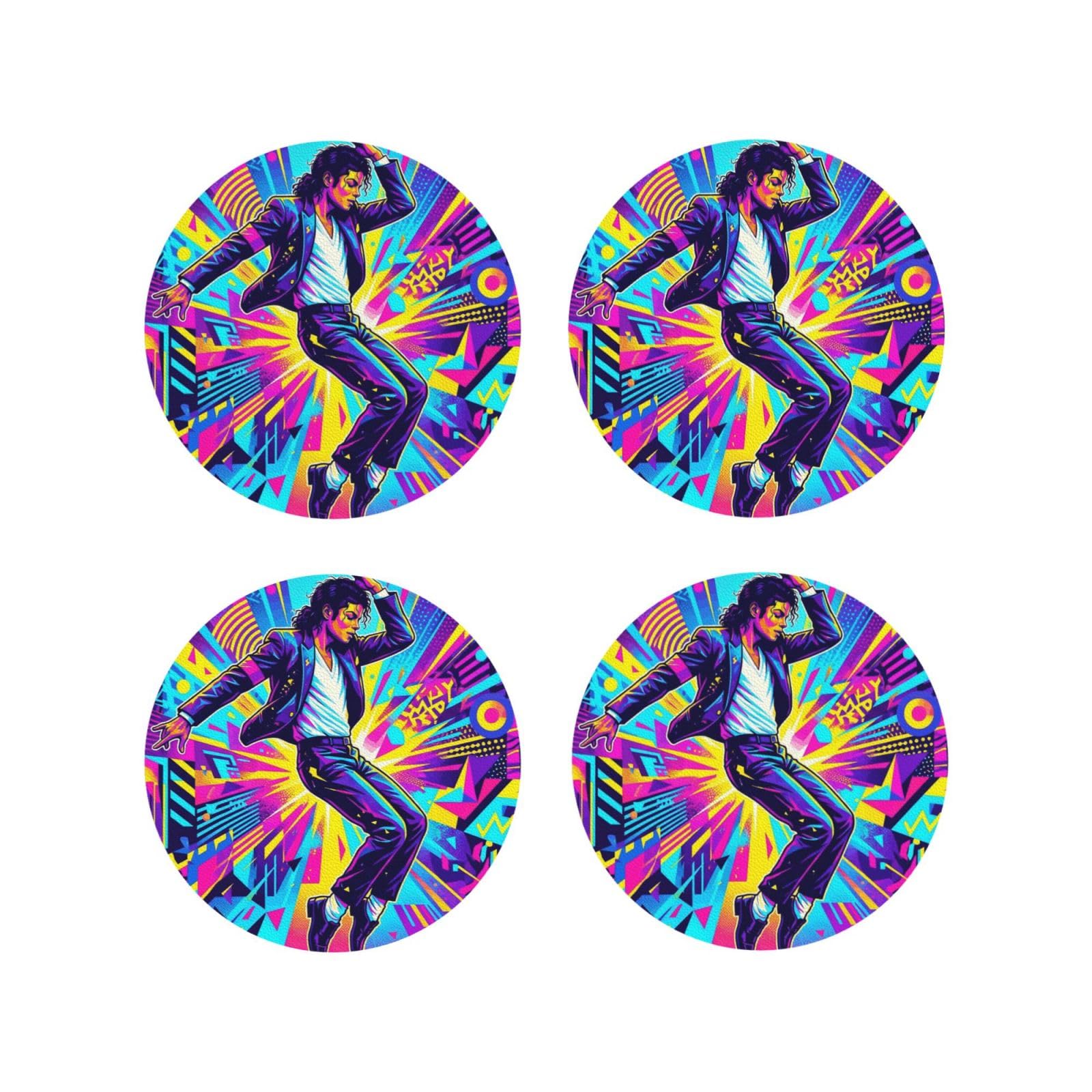 Coasters Set of 4 Round Leather Coaster Quick-Dry Drink Michael Jackson Coasters for Desk Absorbent Mugs Pads Tabletop Protection Pad Heat Resistant Coffee Cup Mat for Kitchen Bar