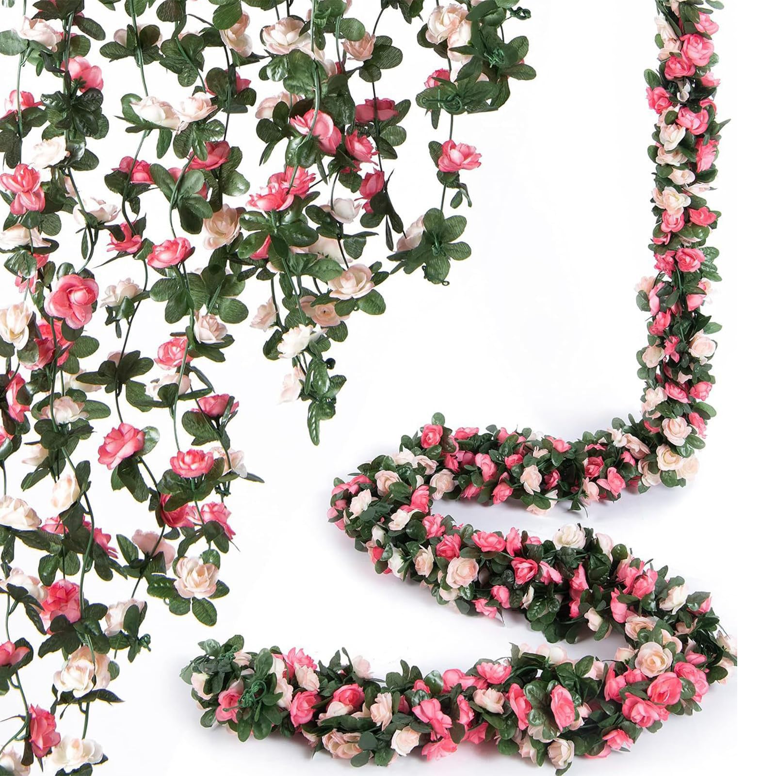 HUANYO Artificial Flowers Garland - 2 Pack of 2.4M Vine, 45 Heads Simulated White Roses Each, Realistic Faux Flowers for Wedding Arch, Home Garden Indoor Outdoor Decor (pink)