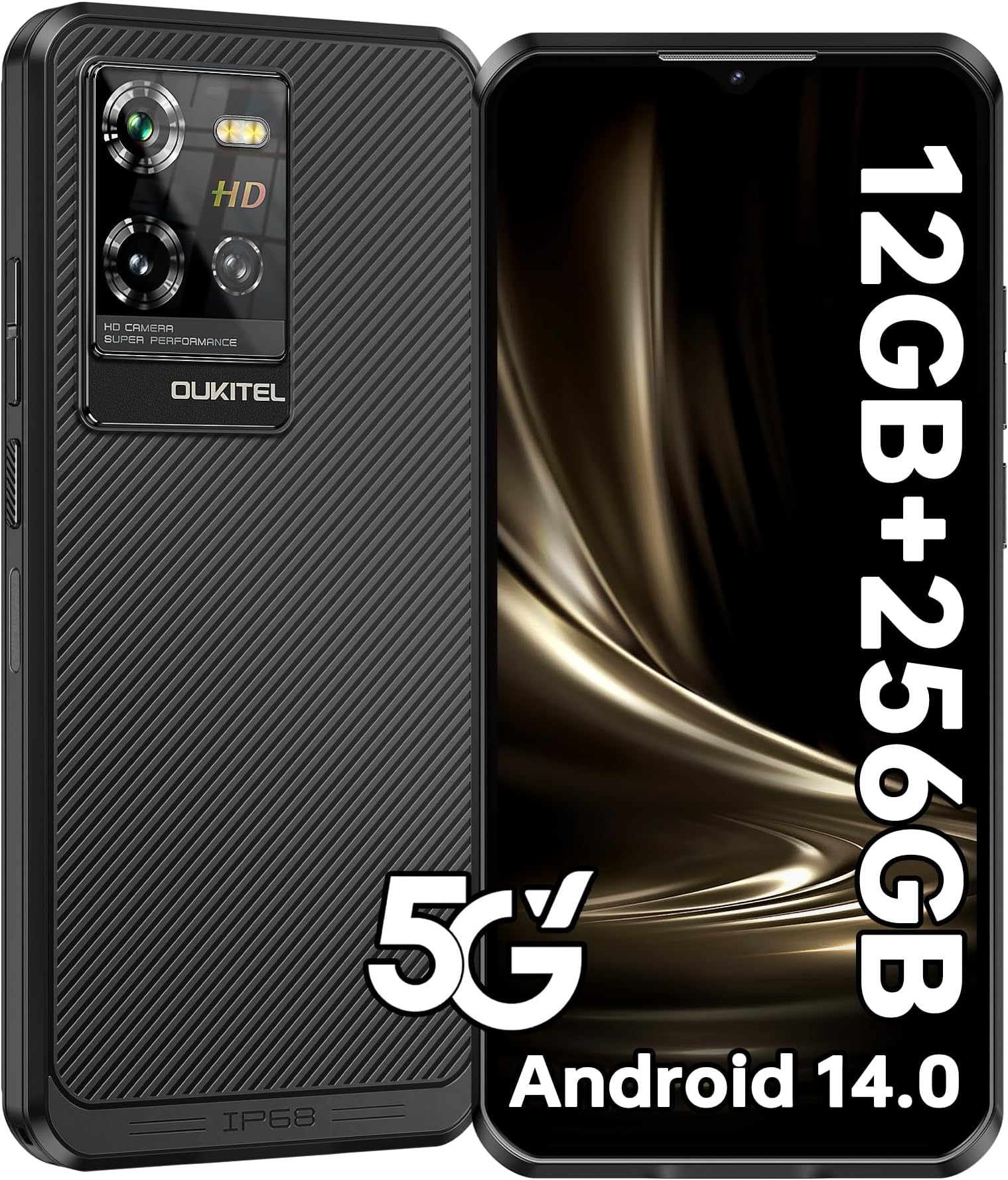 OUKITEL WP50 Rugged Phone Unlocked 5G-12GB RAM+256GB ROM Cell Phones, 6.6" Screen, 48MP Camera, 6500mAh Battery Smartphone, 5G Dual SIM Android 14 IP68/IP69K Waterproof Phone, NFC/GPS/T-Mobile, Black