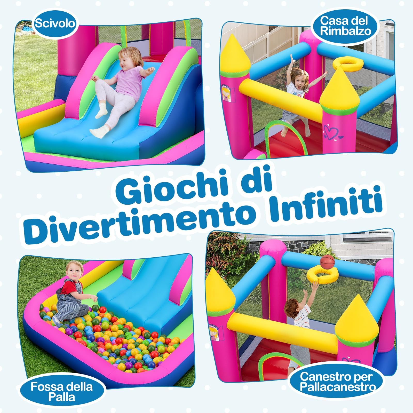 RELAX4LIFE Castello Gonfiabile per Bambini 363x202x205cm | Trampolino e Scivolo in Tessuto Oxford con Piscina, con Sacca, Interno ed Esterno, Senza Soffiatore