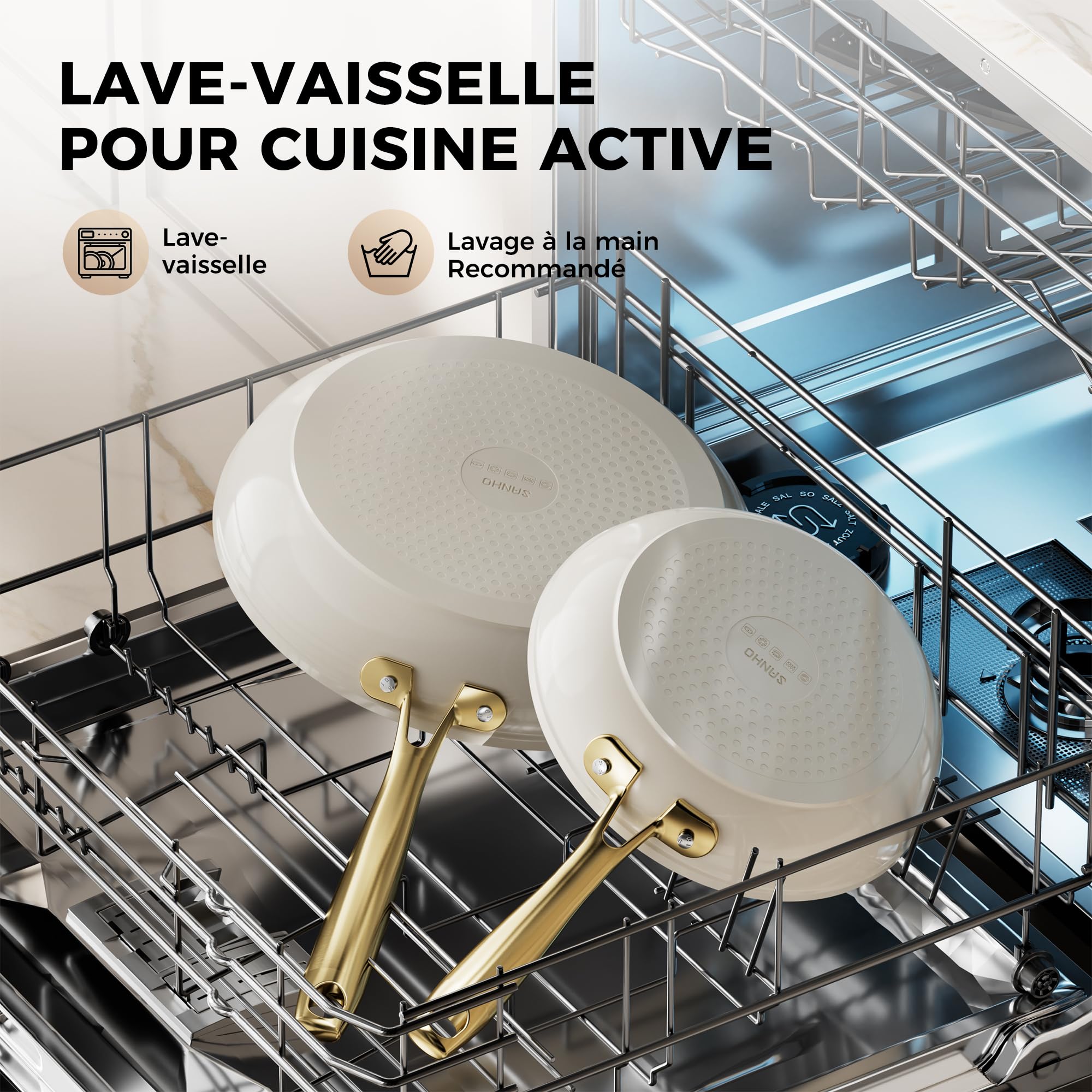 Sanho Set de 3 poêles céramique (20/26/30cm) | Antiadhésif Diamant-Titanium pour induction | Sans PFAS, PFOA, PTFE | Pour toutes cuisinières | Résiste au four jusqu’à 260°C & Lave-vaisselle | Beige