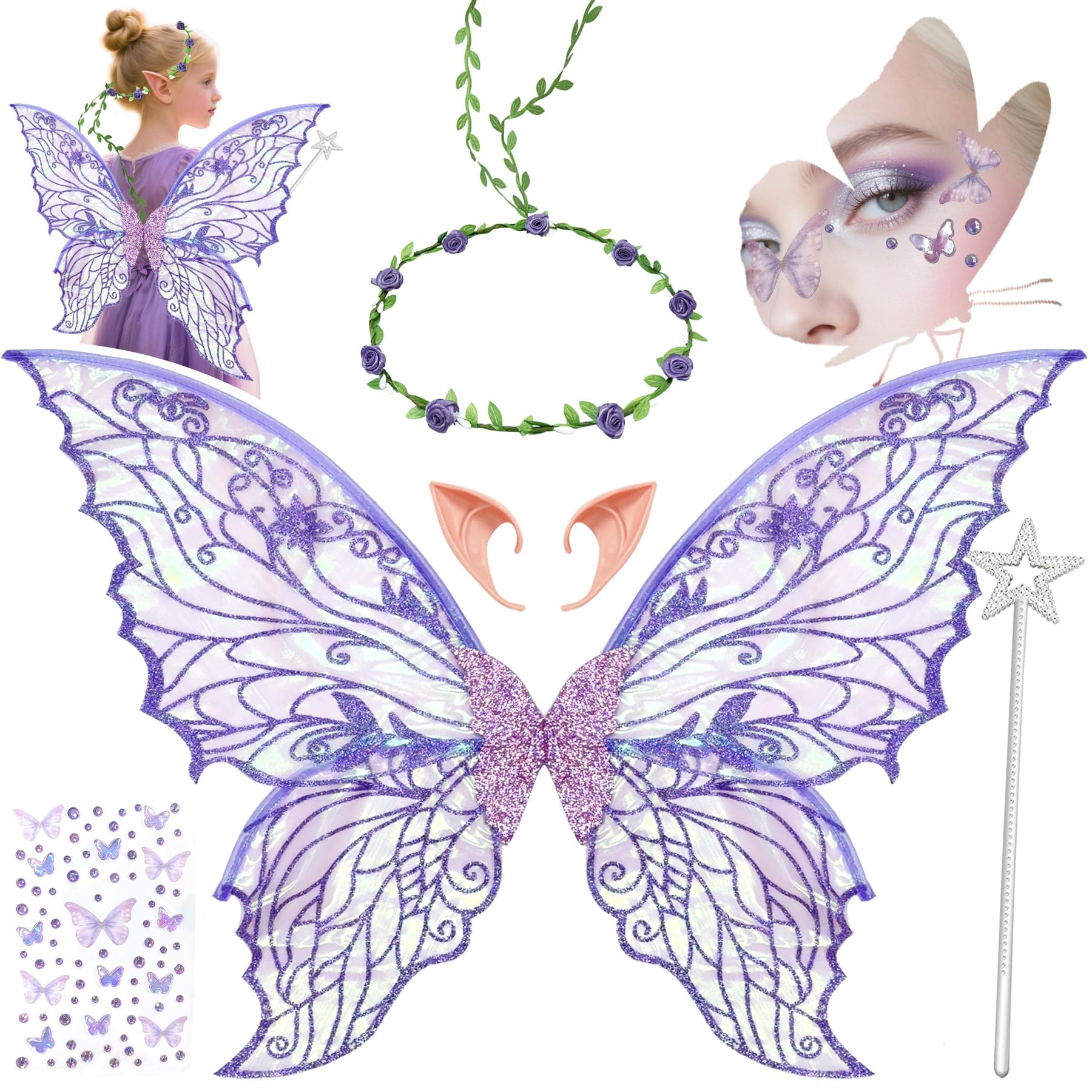 YeahBoom Children's fairy wings, butterfly wings with elf ears, fairy headband and star fairy wands, butterfly wings