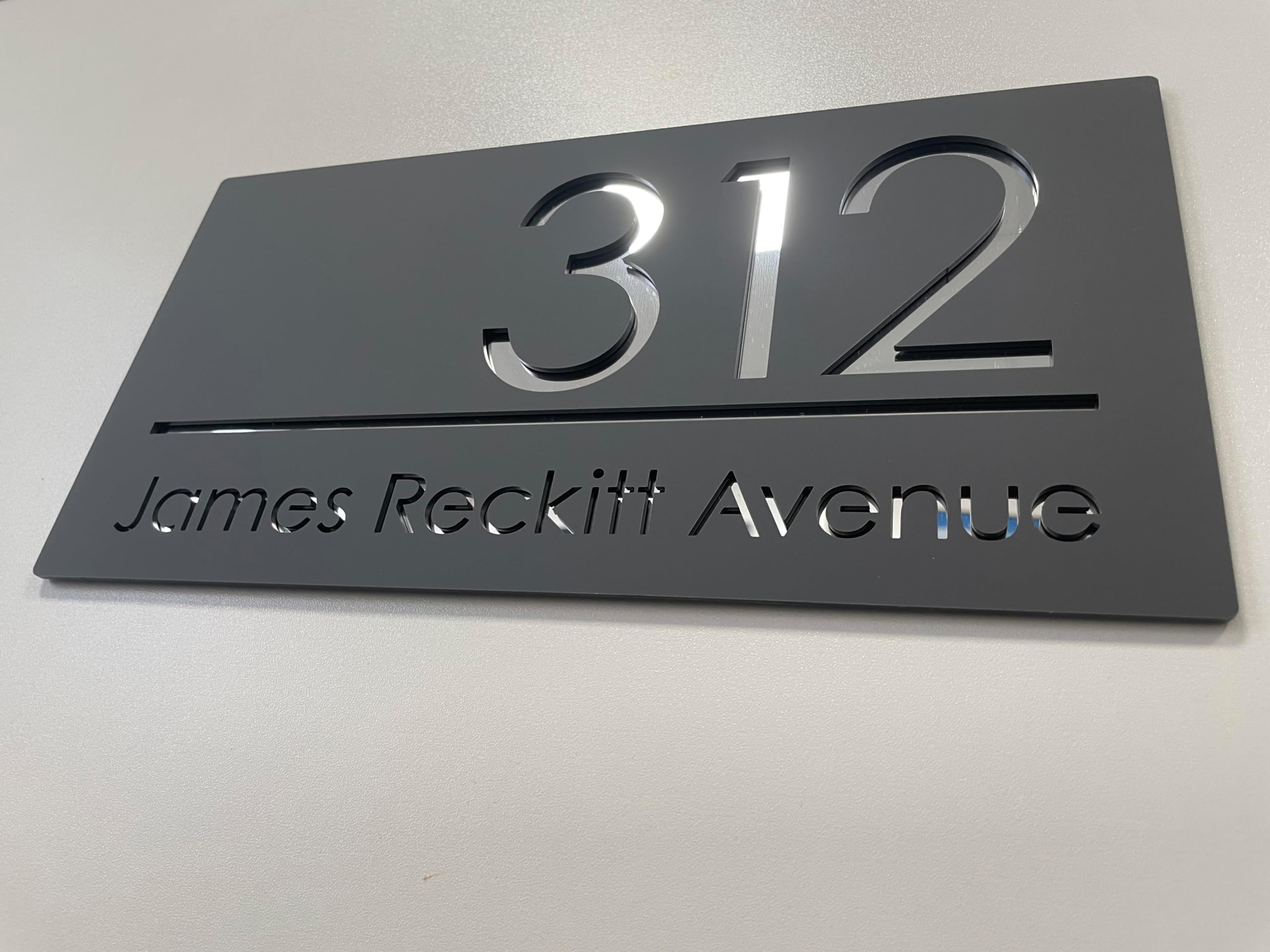 House Numbers Plaques Door Plaques Door Number For Wall House Floating Laser Cut Shiny Mirror Text Floating Sign (Matt Grey & Silver Text)